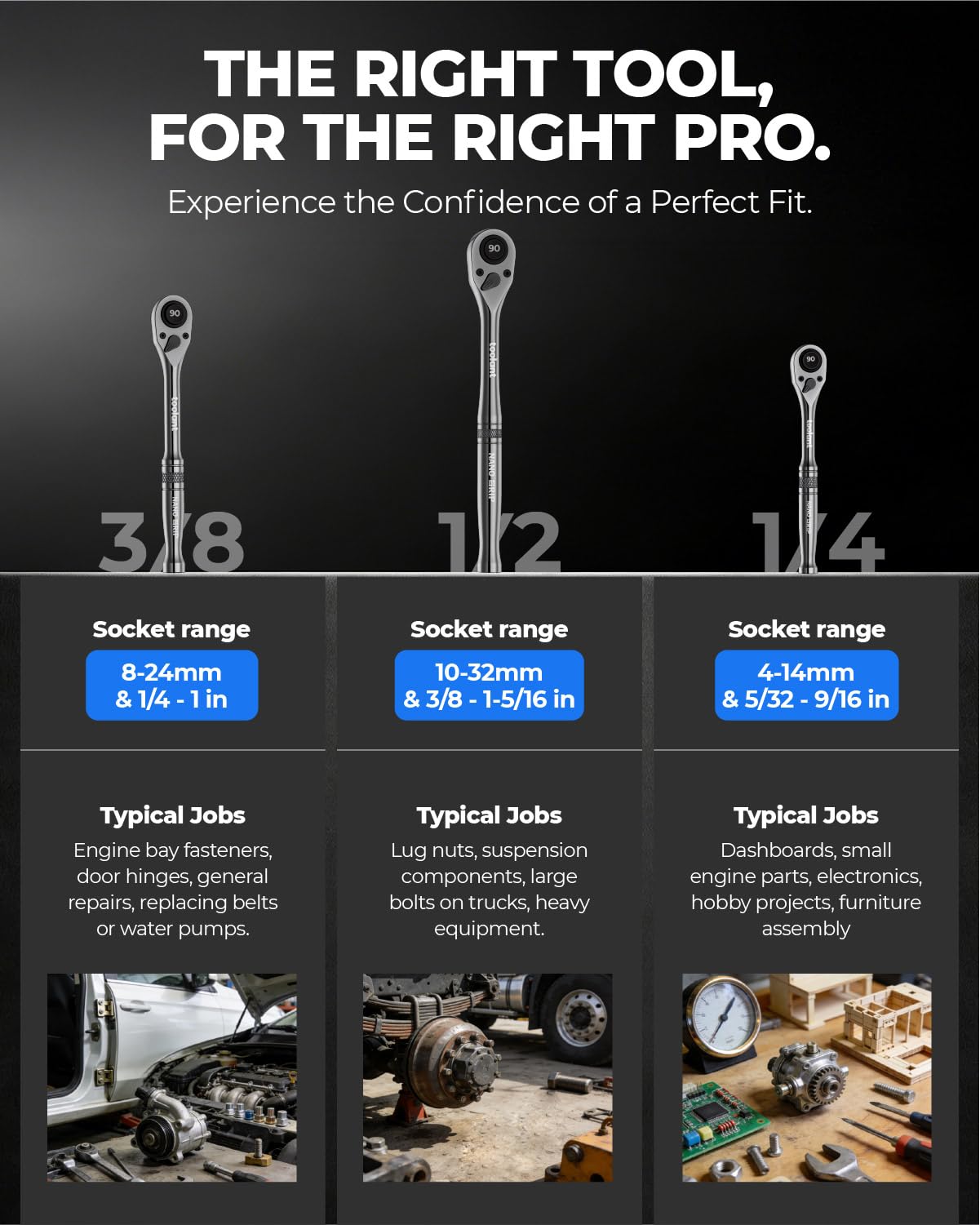 toolant 3/8" Drive Flex Head Ratchet Wrenches, 90 Tooth Compact Flex Head Socket Ratchet Wrench, 12 Inch Length