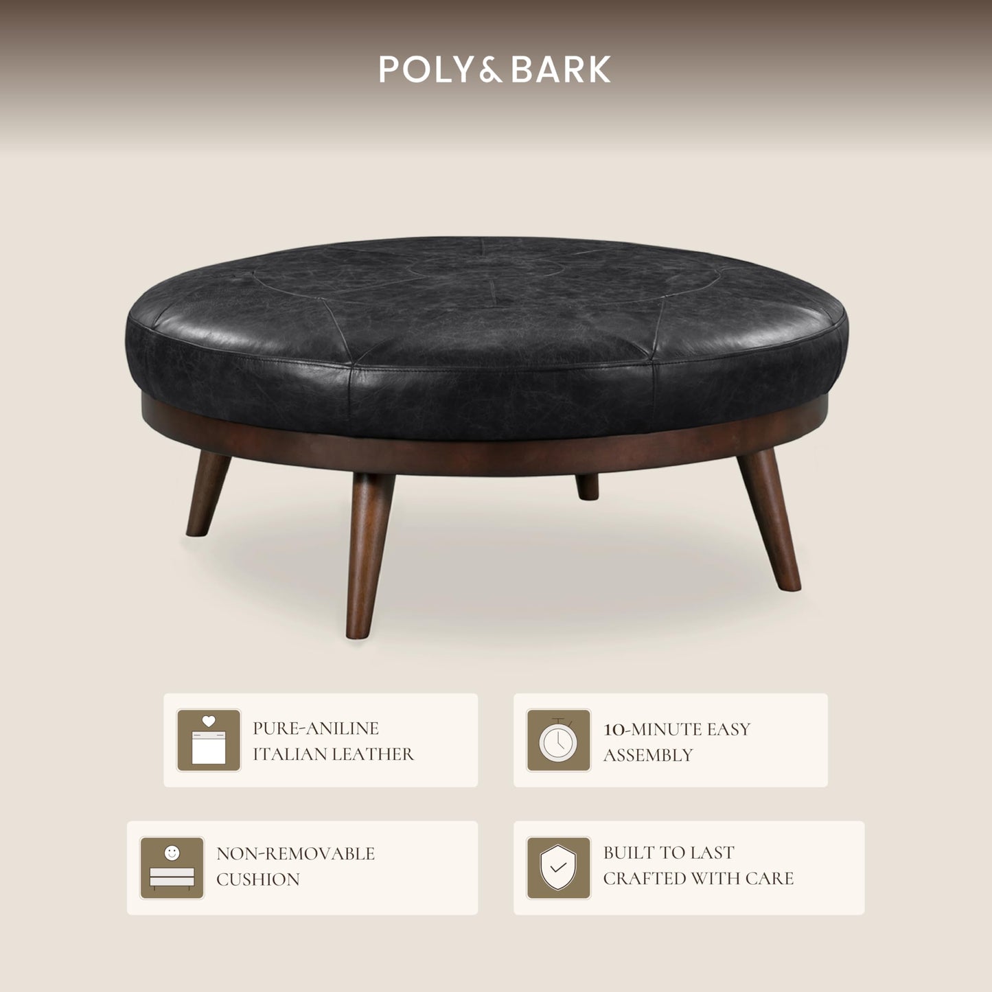 POLY & BARK Denver Ottoman – 43" Large Pouf with Feather-Down Topper – Full-Grain Leather Upholstered Pouf Ottoman for Living Room – Vintage Italian Leather in Cognac Tan