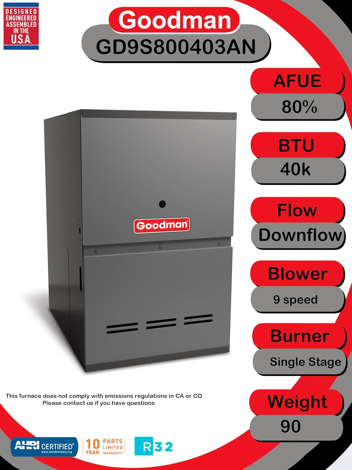 Goodman 2.5 Ton 13.4 SEER2 80% AFUE 40,000 BTU R-32 Air Conditioner & Gas Furnace System (GLXS3BN3010, CAPTA3022A3, GD9S800403AN)
