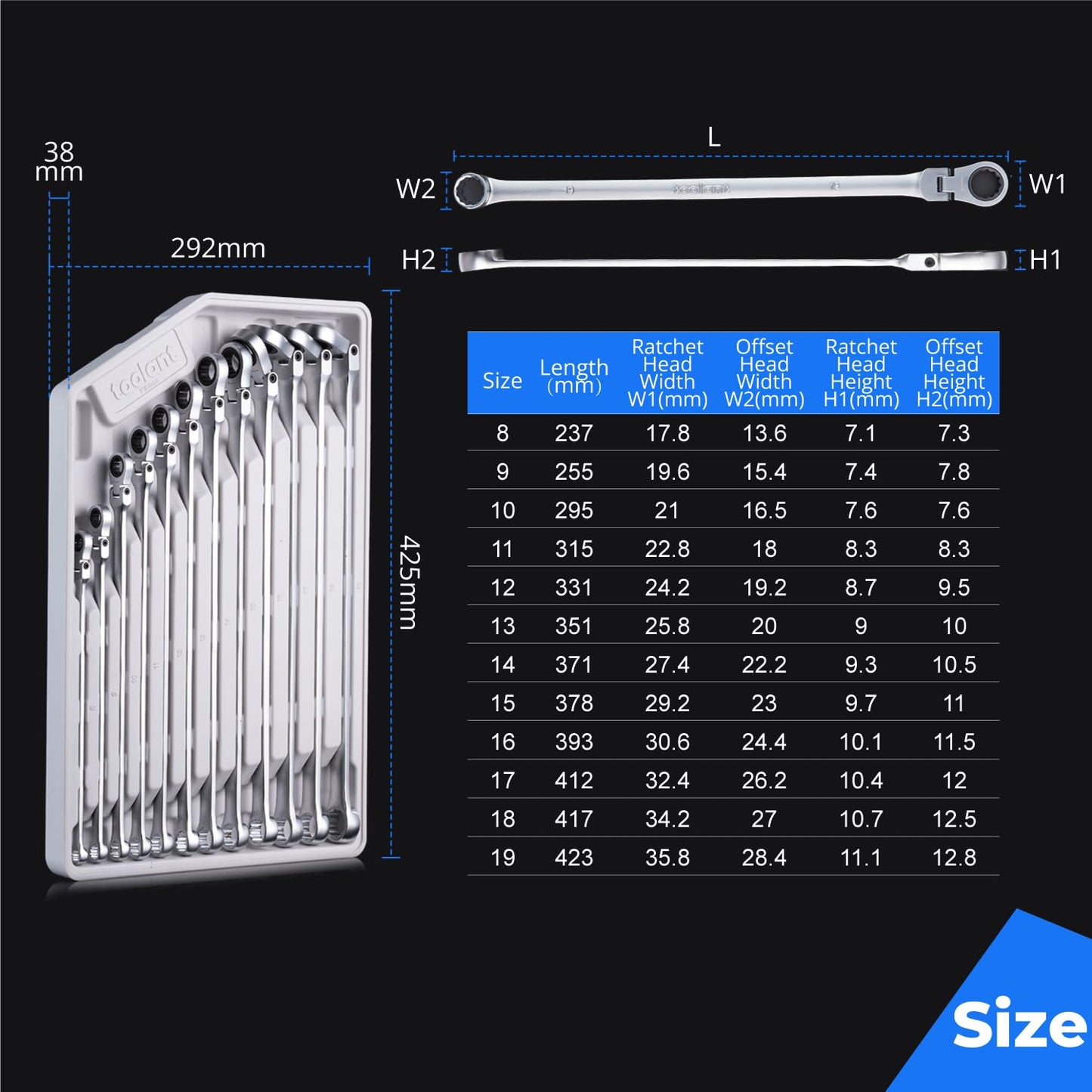 toolant 10mm Extra Long Ratcheting Wrench, Flex Head & Fixed Offset Head Double Box End Combination Wrench, CR-V Steel