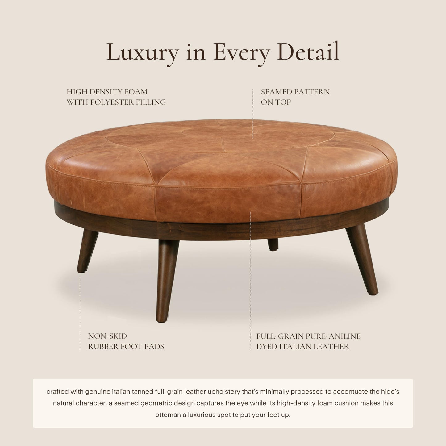 POLY & BARK Denver Ottoman – 43" Large Pouf with Feather-Down Topper – Full-Grain Leather Upholstered Pouf Ottoman for Living Room – Vintage Italian Leather in Cognac Tan