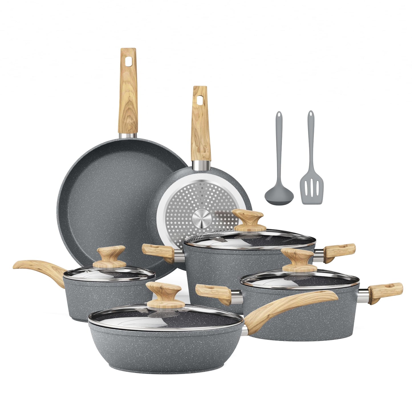 Kitchen Academy Induction Cookware Sets - 12 Piece Pots and Pans Set Non Stick, Black Granite Nonstick Cooking Pan Set(PFOS, PFOA Free)
