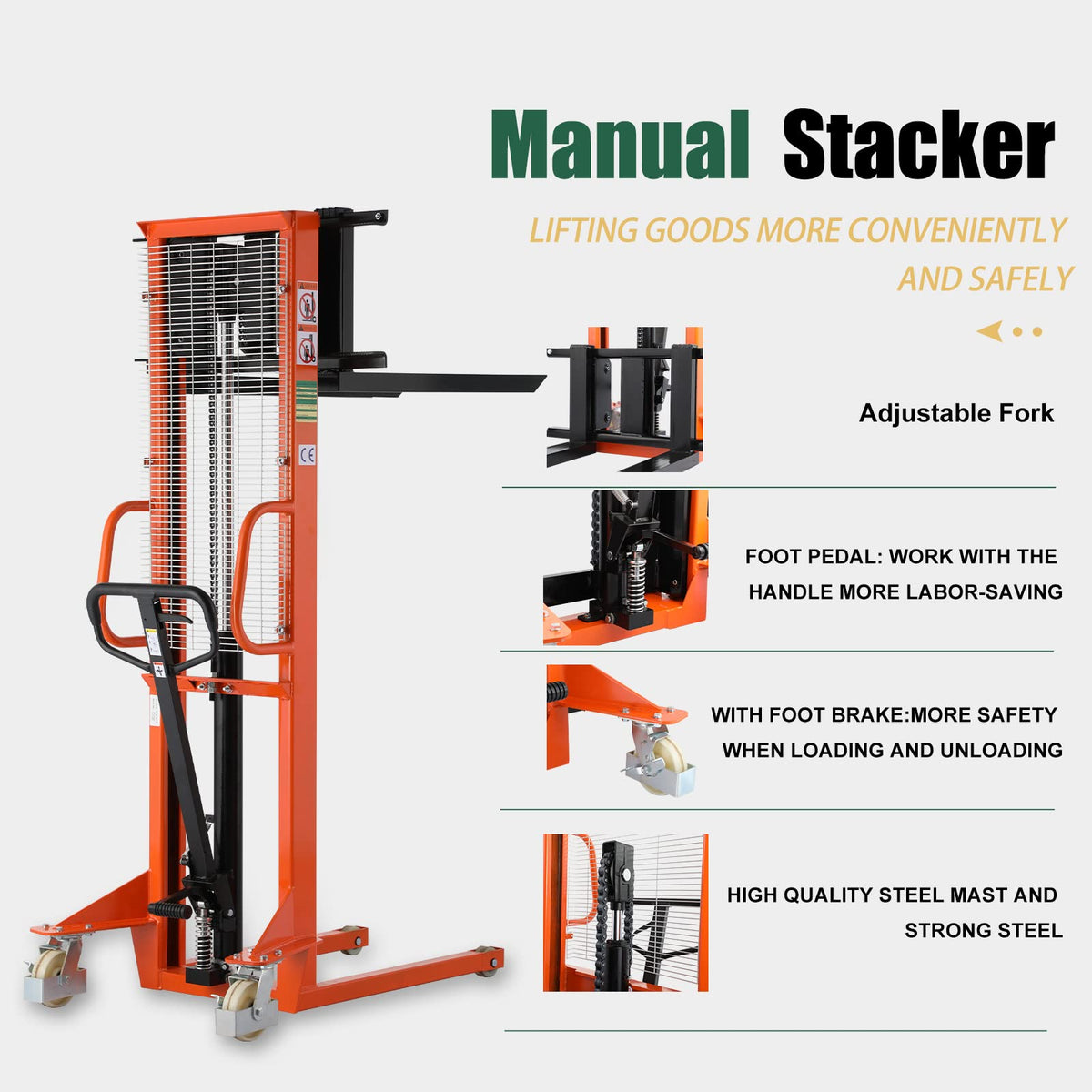Tory Carrier Manual Pallet Stacker 1100lbs Capacity 63" Lift Height