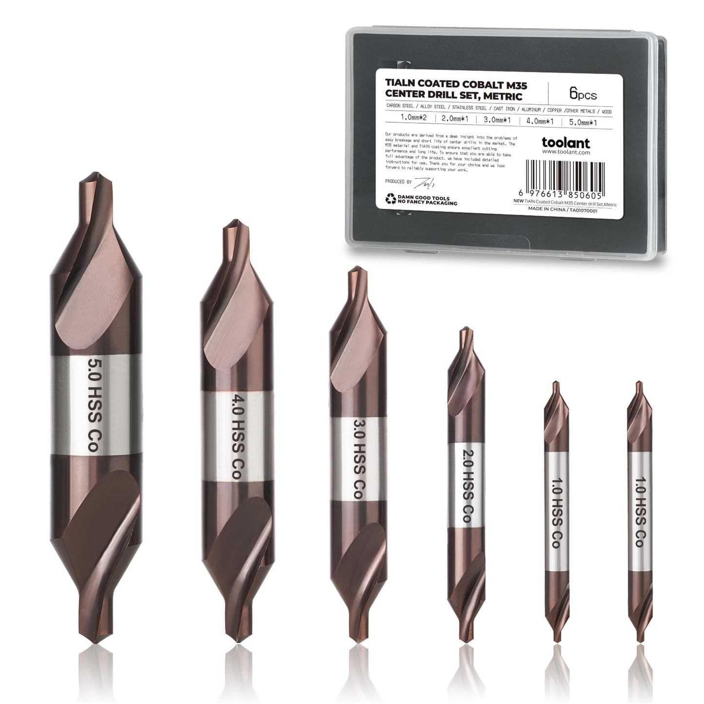 toolant Center Drill Bit Set, TiAlN Coated Cobalt M35 HSS Centering Drill Bit for Stainless Steel, Carbon Steel, Alloy Steel, Cast Iron, Copper, Other Hard Metals, #1-5, SAE 3/64"-3/16" (6pcs)