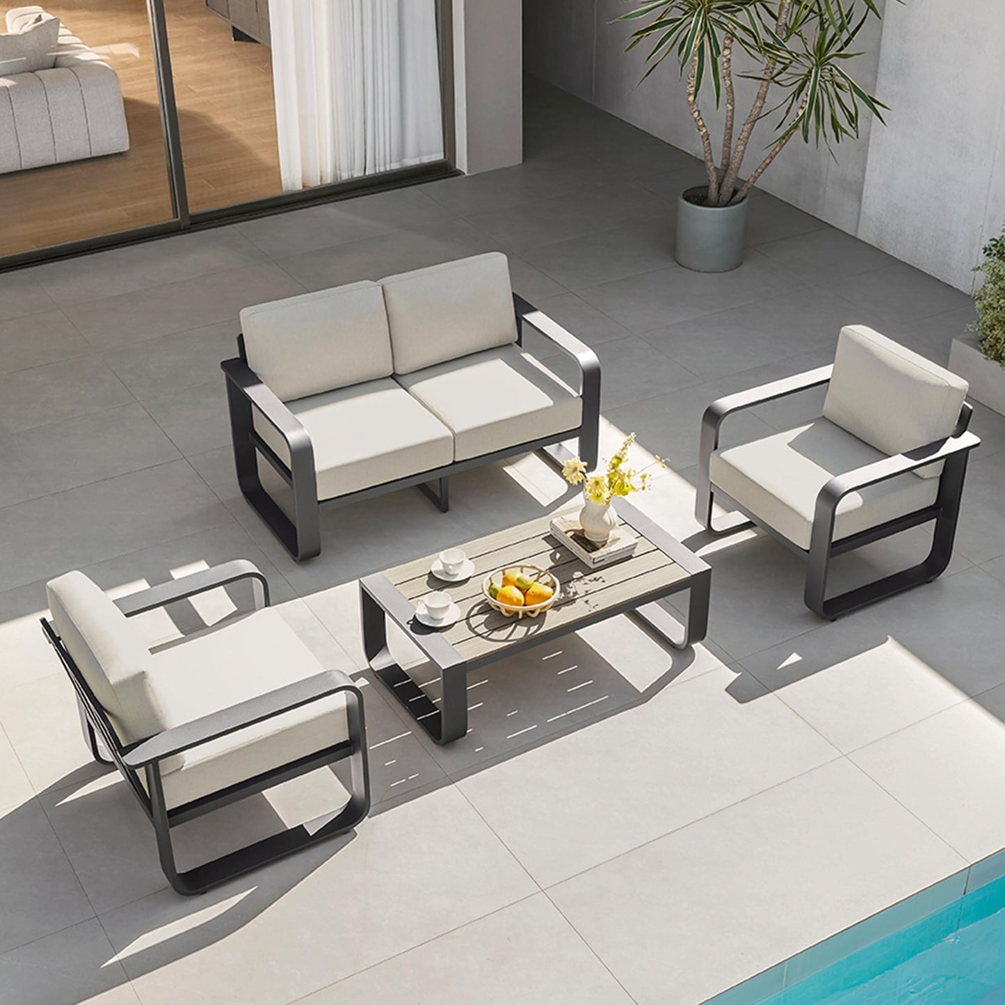 CHITA Outdoor Furniture Set 4 Piece, 5-Seats Patio Conversation Set with 6.3in Thick Cushions & 100% Aluminum Frame & Coffee Table, Modern Outdoor Patio Furniture Sofa Set for Poolside, Deck, Balcony