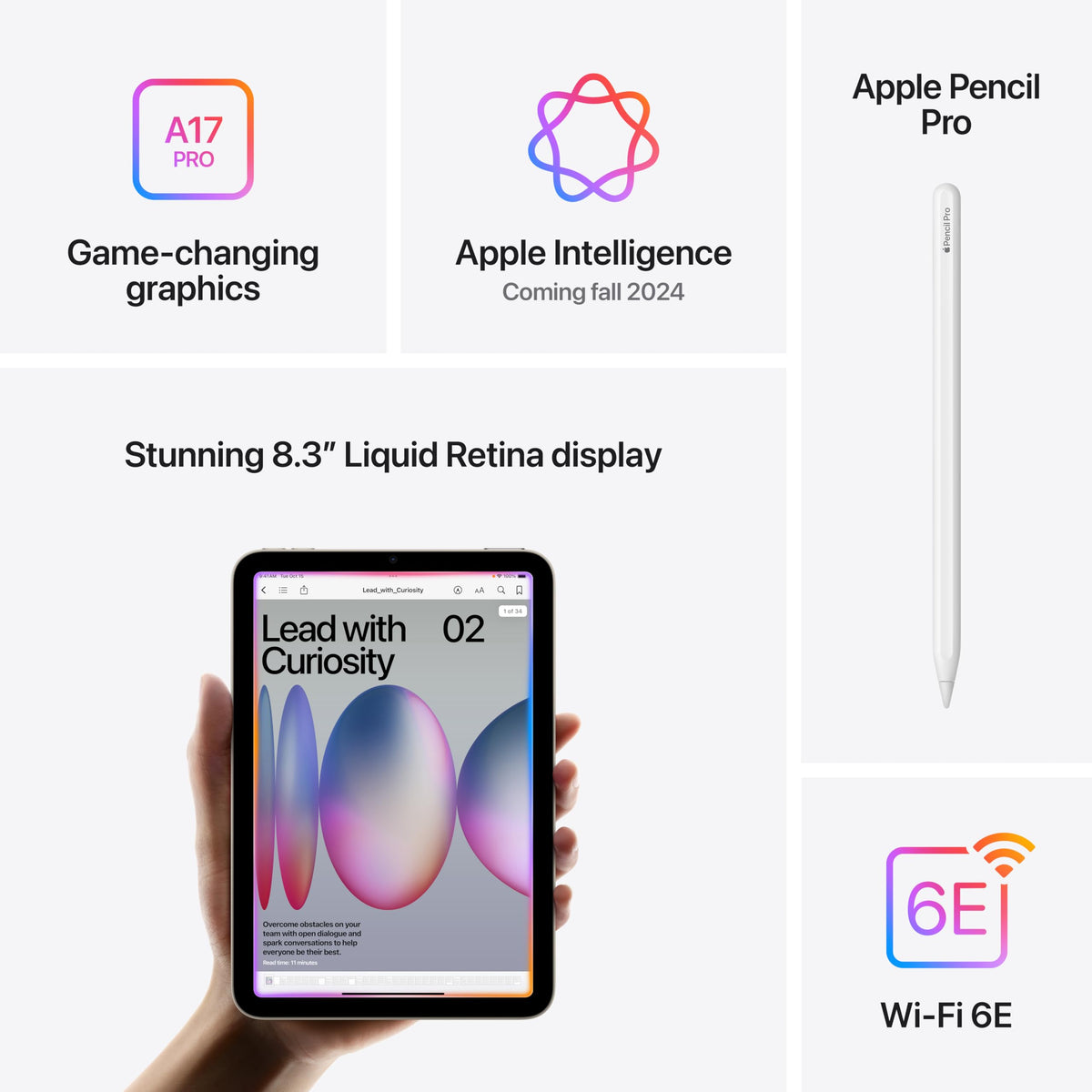 Apple iPad mini (A17 Pro): Apple Intelligence, 8.3-inch Liquid Retina Display, 128GB, Wi-Fi 6E, 12MP Front/12MP Back Camera, Touch ID, All-Day Battery Life — Space Gray