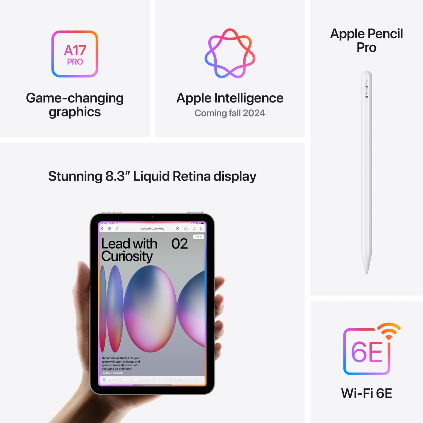 Apple iPad mini (A17 Pro): Apple Intelligence, 8.3-inch Liquid Retina Display, 128GB, Wi-Fi 6E, 12MP Front/12MP Back Camera, Touch ID, All-Day Battery Life — Space Gray
