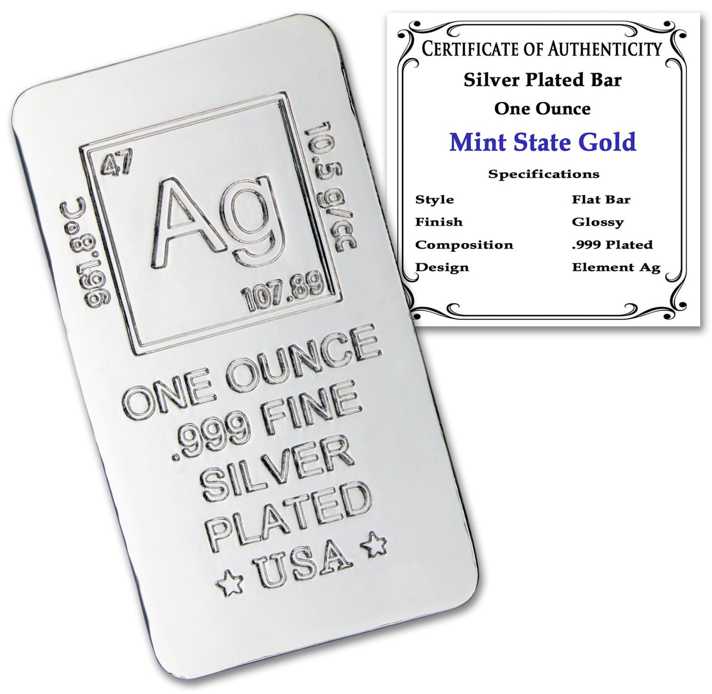 1 oz Silver Plated Bar (Flat Style) .999 Pure Paperweight - Element Design with Certificate of Authenticity