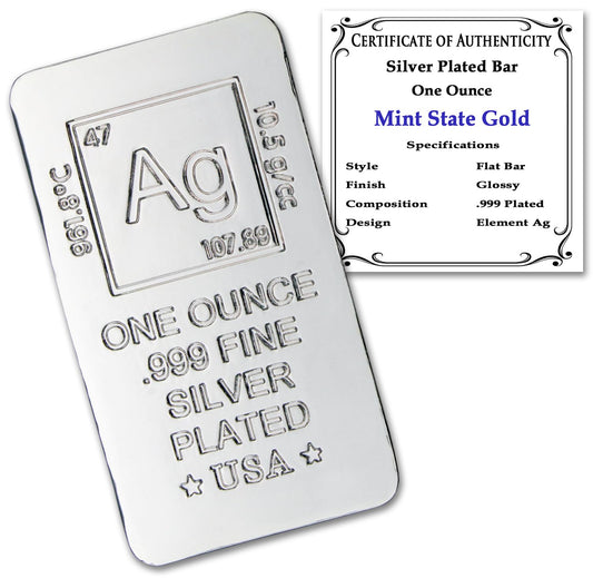 1 oz Silver Plated Bar (Flat Style) .999 Pure Paperweight - Element Design with Certificate of Authenticity