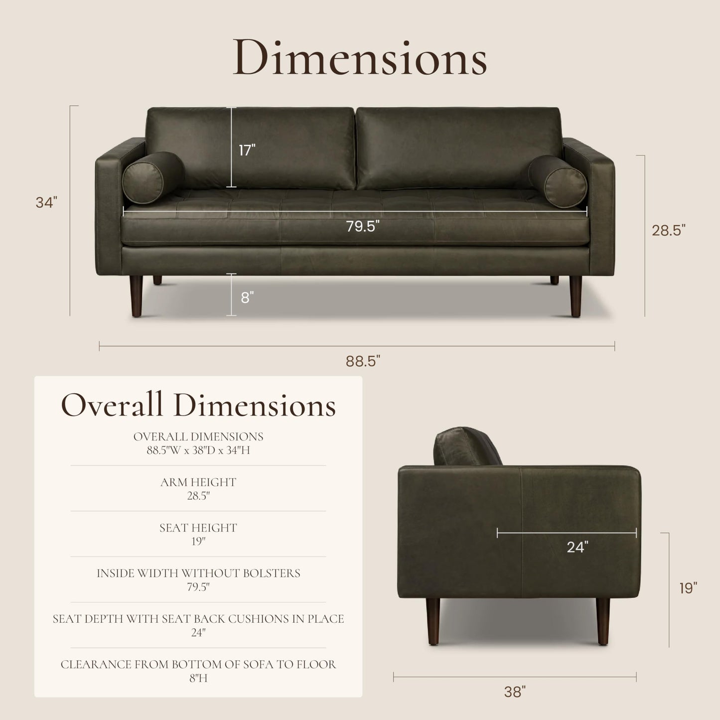 POLY & BARK Napa 82" Leather Pull‑Out Sleeper Sofa – Full‑Grain Italian Leather Upholstery,Tri‑Layer Mattress & Storage Console –Sophisticated Multi‑Functional Sofa Bed for Living Rooms & Guest Spaces