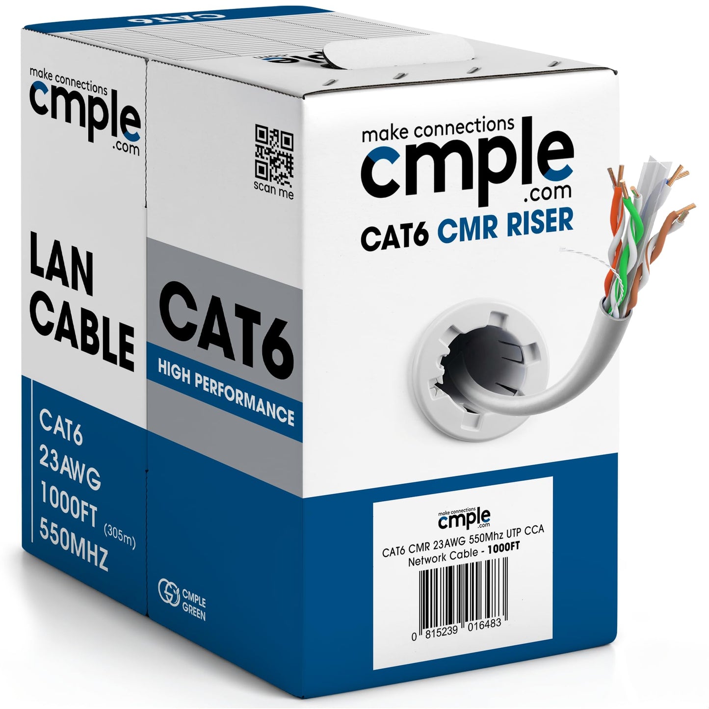 Cmple - Cat6 Cable 1000ft Bulk Lan Ethernet Cat 6 Wire Network UTP 23AWG CMR Riser 10Gbps 550 MHz Pull Box 1000 Feet, Black