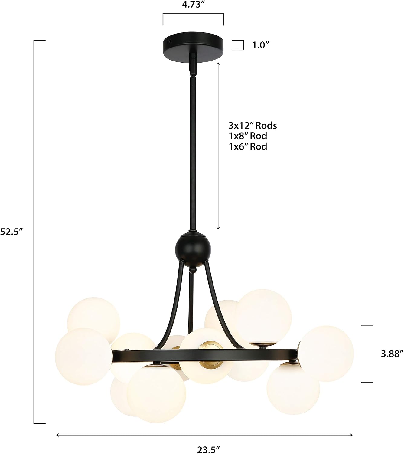 Light Society Trieste 12-Light Sphere Chandelier, Frosted Glass with Black and Gold Finish, Contemporary Mid Century Modern Style Lighting Fixture