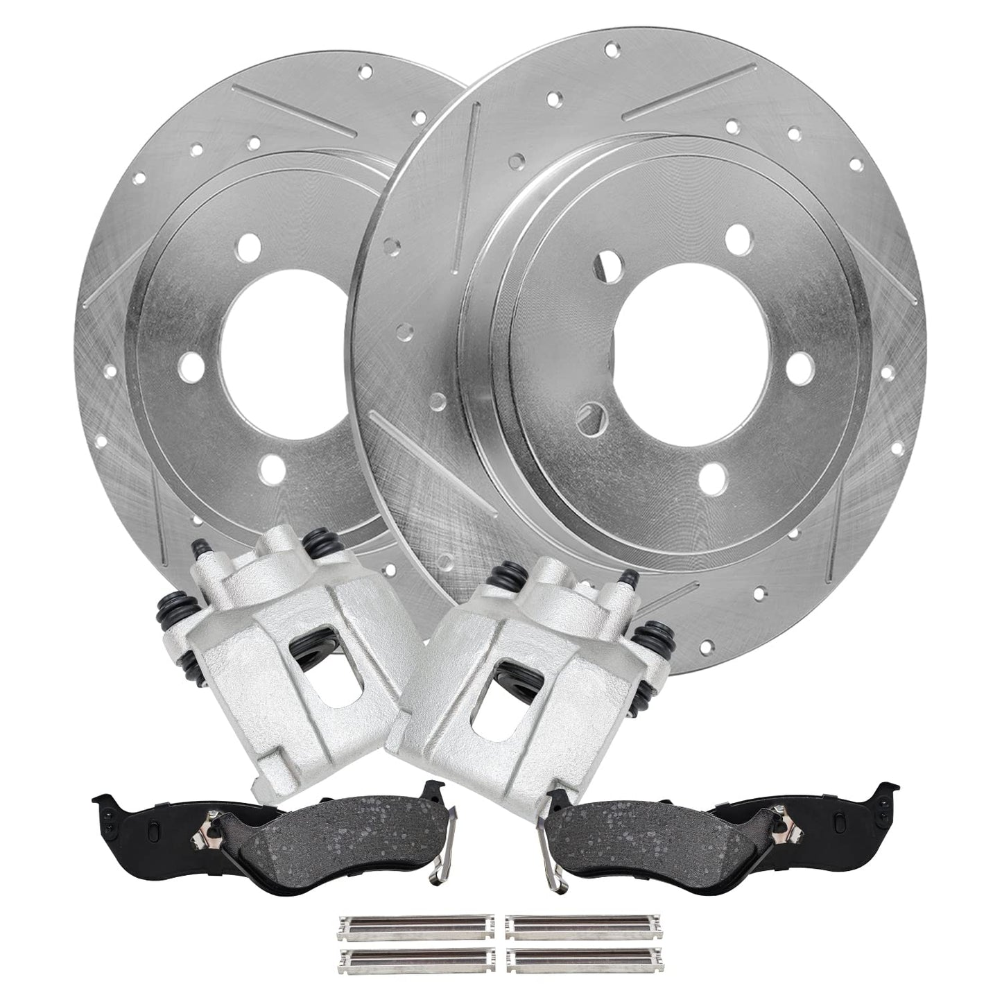 Detroit Axle - Front Brake Kit for Chevy GMC Silverado Suburban Sierra Savana Express 1500 Tahoe Yukon XL Cadillac Escalade ESV EXT Drilled Slotted Disc Brake Rotors Ceramic Brakes Pads Replacement