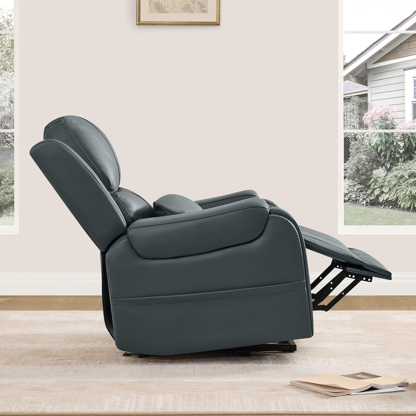 CHITA Power Lift Recliner Chair for Elderly with Heat and Massage, Genuine Leather Electric Lift Chairs with Cup Holder, Removable Lumbar Pillow, 2 Side Pockets, Leather in Navy