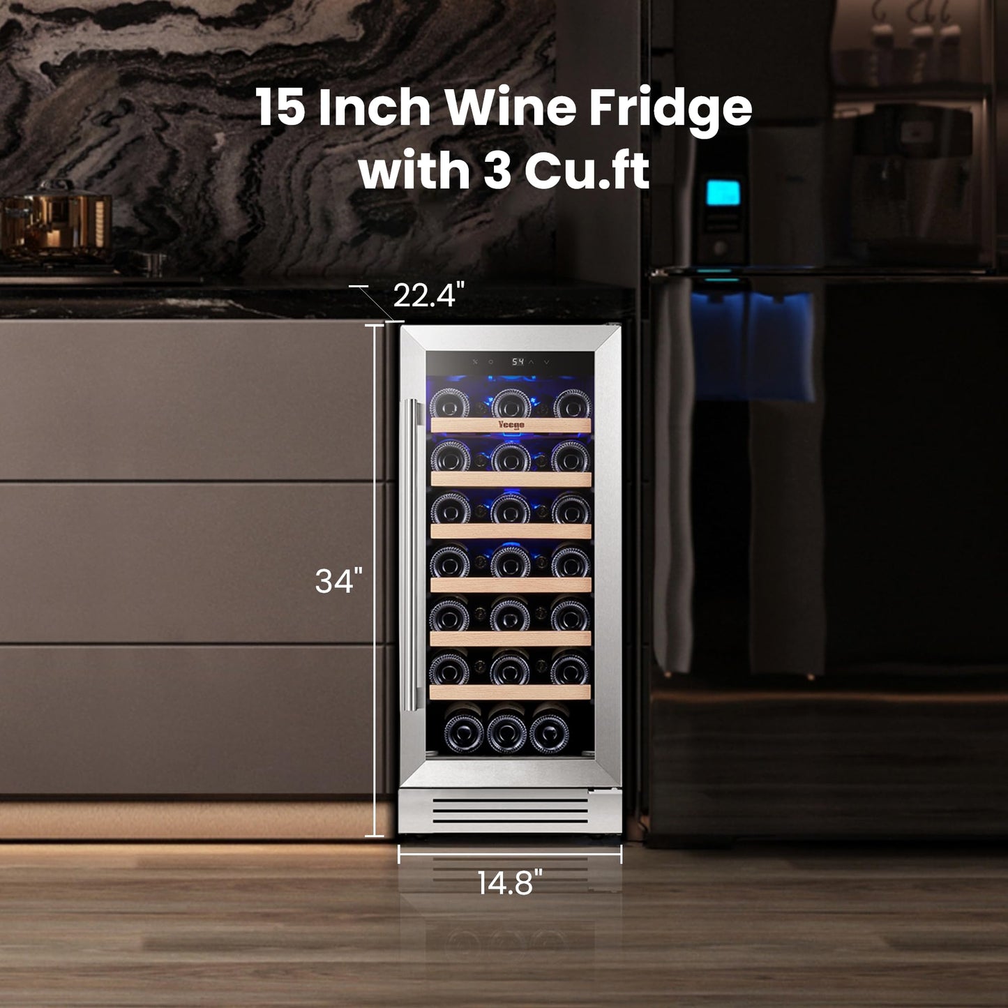 Yeego Wine Fridge Cooler - 15 Inch Dual Zone Wine Fridge Hold 28 Bottles, 40-65°F Wine Refrigerator Glass Door, Built in, Freestanding Under Counter Fridge for Beer Soda Drink Home Bar Office
