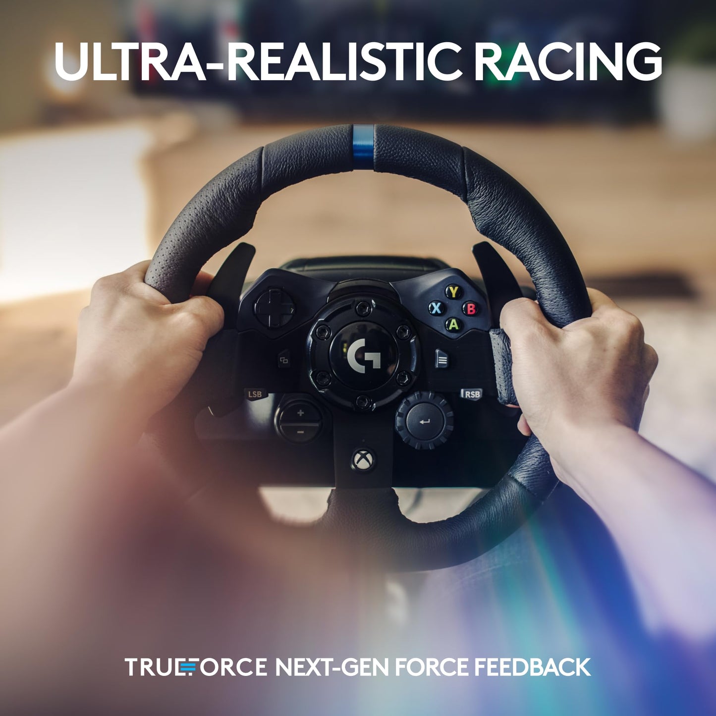 Logitech G923 Racing Wheel and Pedals, TRUEFORCE up to 1000 Hz Force Feedback, Gaming Steering Wheel PS5, PS4, PC, Mac, Genuine Leather- Black