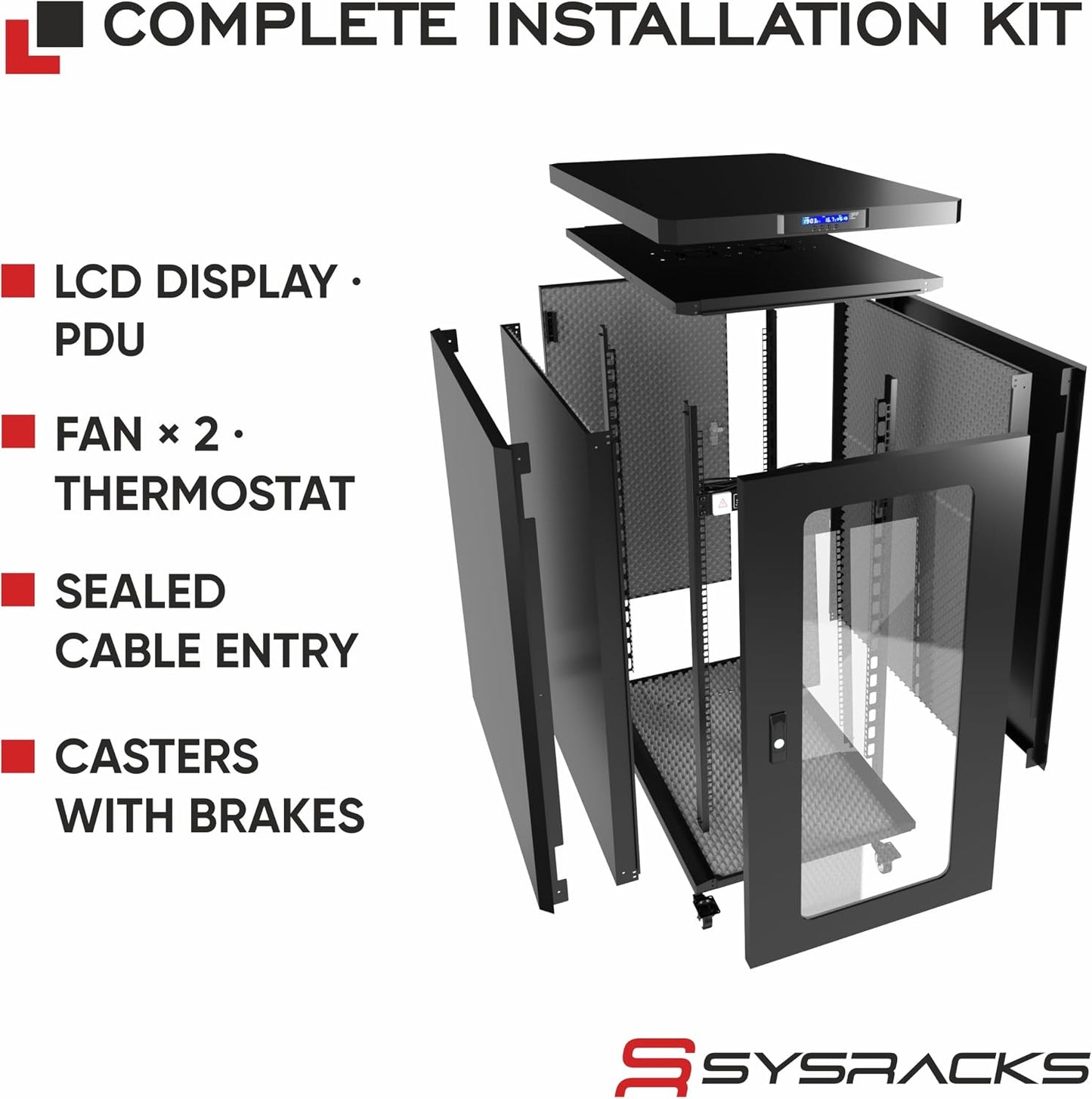 Soundproof Server Rack Cabinet – Quiet Acoustic 19” Network Enclosure with Dual Fans, Thermostat Control, Locking Glass Door, Floor Standing Rack (18U)