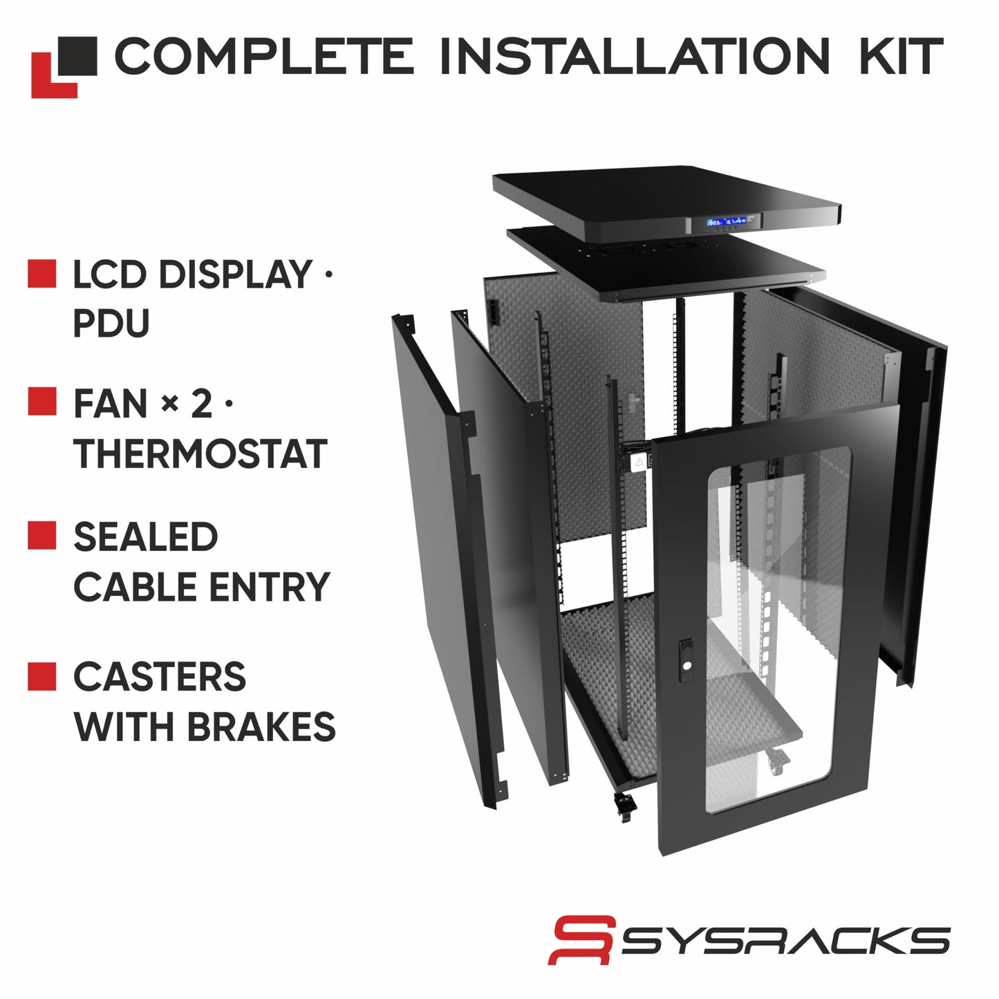 Soundproof Server Rack Cabinet – Quiet Acoustic 19” Network Enclosure with Dual Fans, Thermostat Control, Locking Glass Door, Floor Standing Rack (18U)