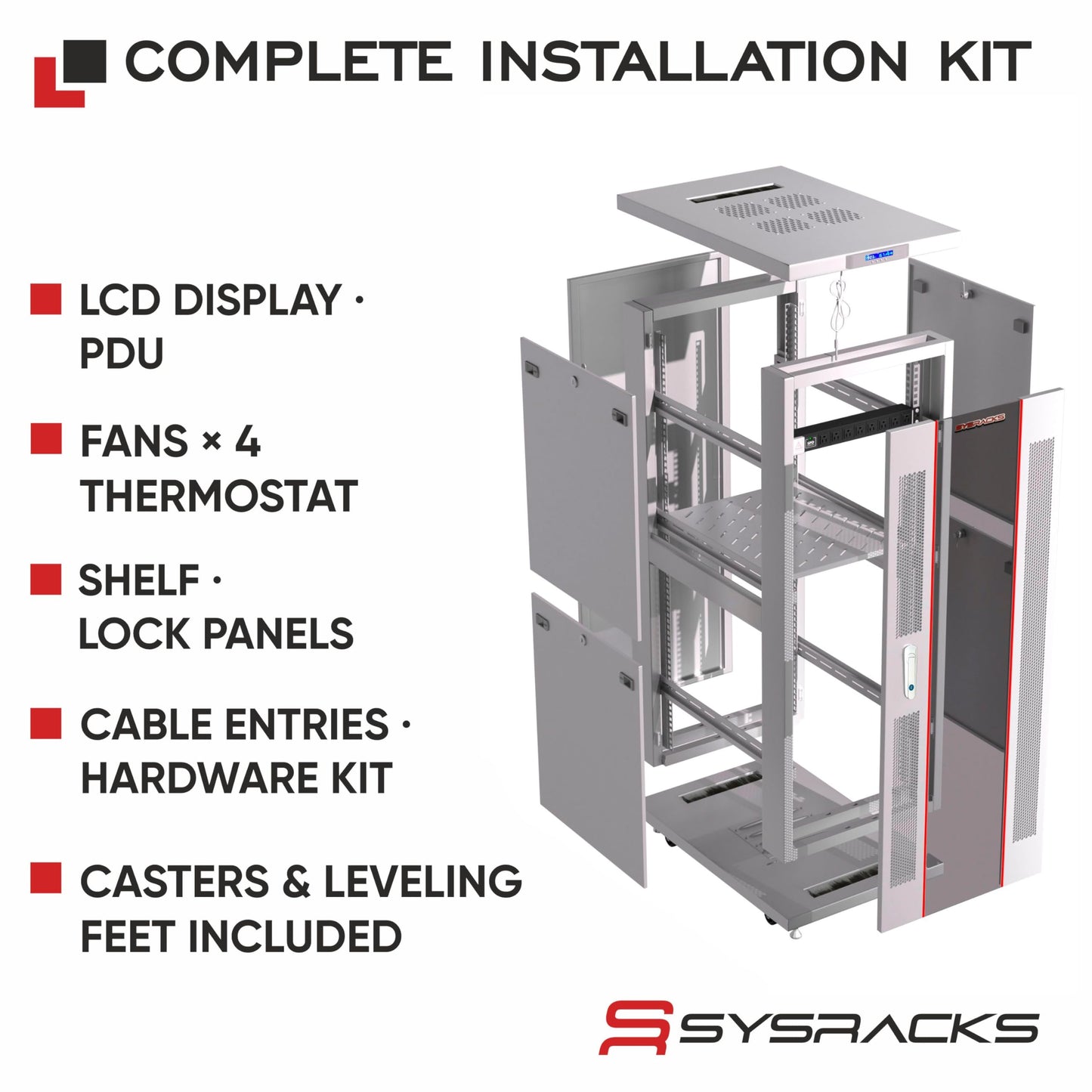 Sysracks 42U Server Rack Cabinet, 35" Deep, Mesh Door, 19-Inch | LCD thermostat, 4 fans, PDU, shelf, casters, 1600 lb capacity
