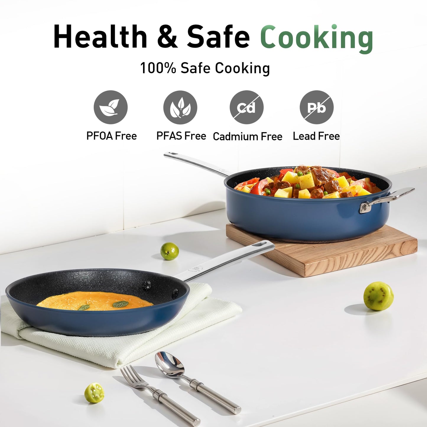 Kitchen Academy Plasma Titanium Ceramic Nonstick Cookware Set - 6 Piece Induction Pots and Pans Set Non Stick, Blue Healthy Non Toxic Cooking Ware Set with Scratch Defense Technology, PFOA&PFOS Free
