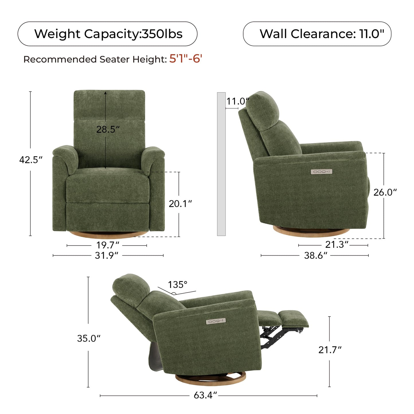 CHITA Power Swivel Glider for Adults with Nightlight, Nursery Recliner Chair with Power Headrest for Living Room, Bedroom, Water-Resistant Boucle Fabric in Sand