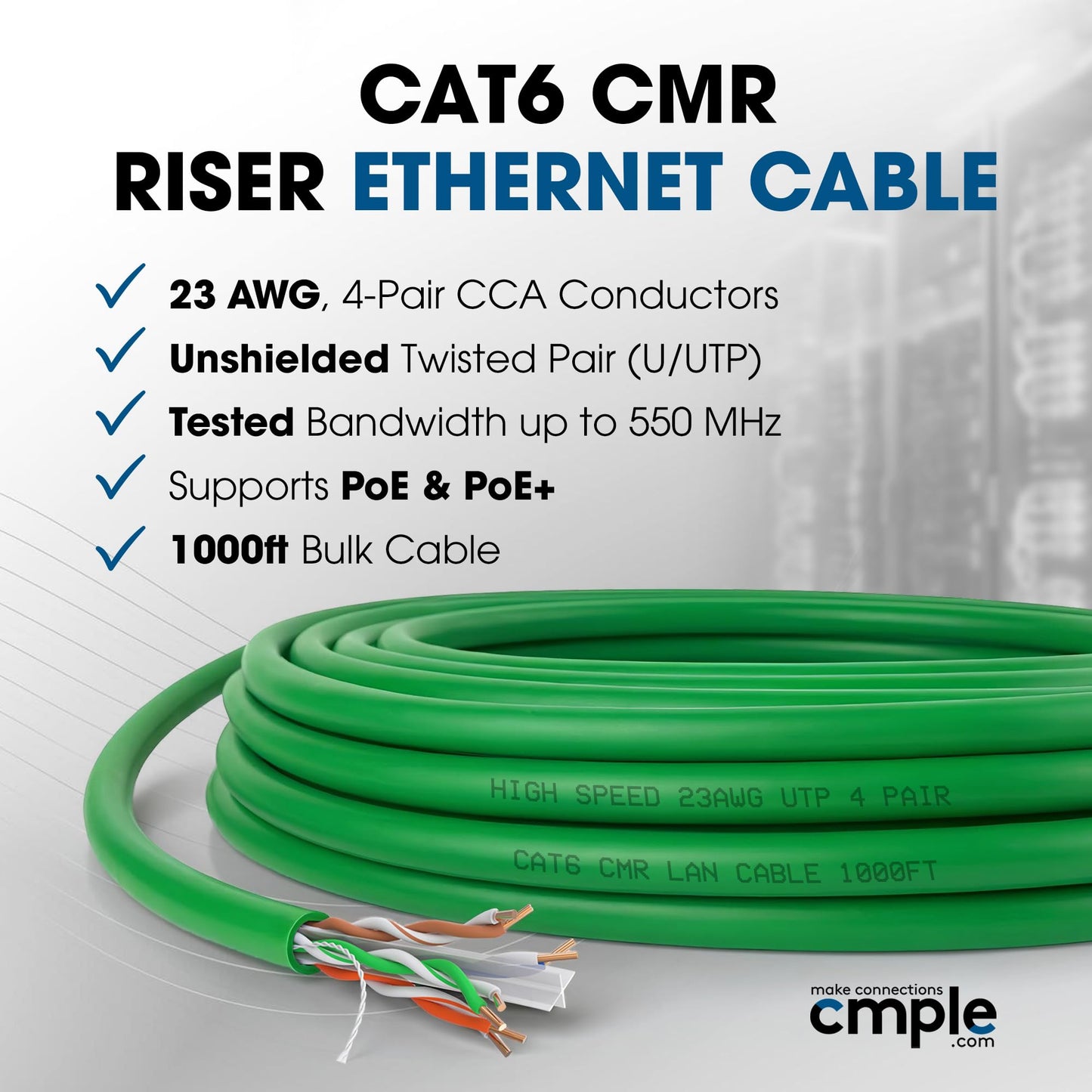 Cmple - Cat6 Cable 1000ft Bulk Lan Ethernet Cat 6 Wire Network UTP 23AWG CMR Riser 10Gbps 550 MHz Pull Box 1000 Feet, Black