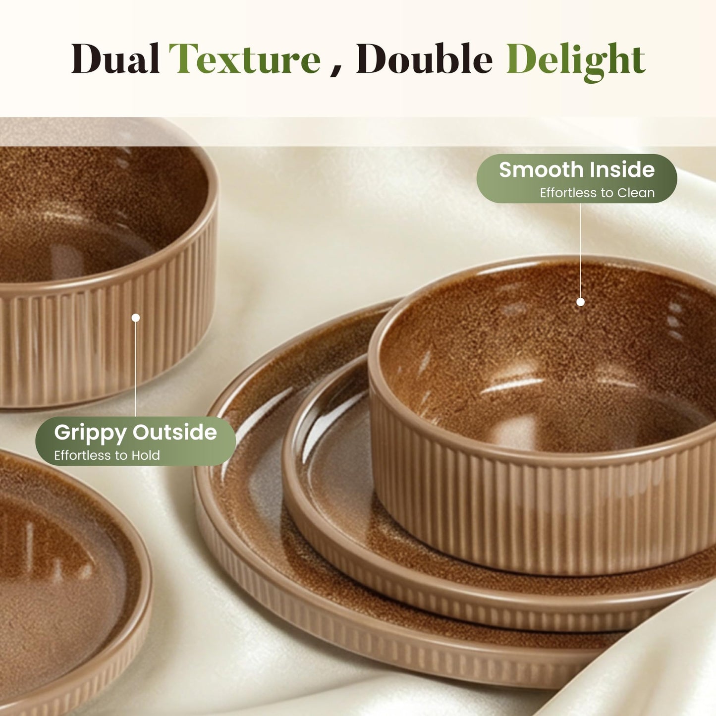Kitchen Academy Brown Stoneawre Dinnerware Sets for 8, 24Pcs Ceramic Non Toxic Plates and Bowls Sets, Scratch Resistant Dishes, Oven & Microwave Safe