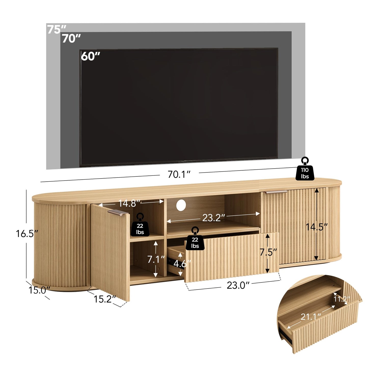 CHITA 70" Fluted TV Stands for Living Room for TVs Up to 80", Mid Century Modern Entertainment Center with Drawers, TV Console for Living Room with Storage and Adjustable Shelves, Walnut