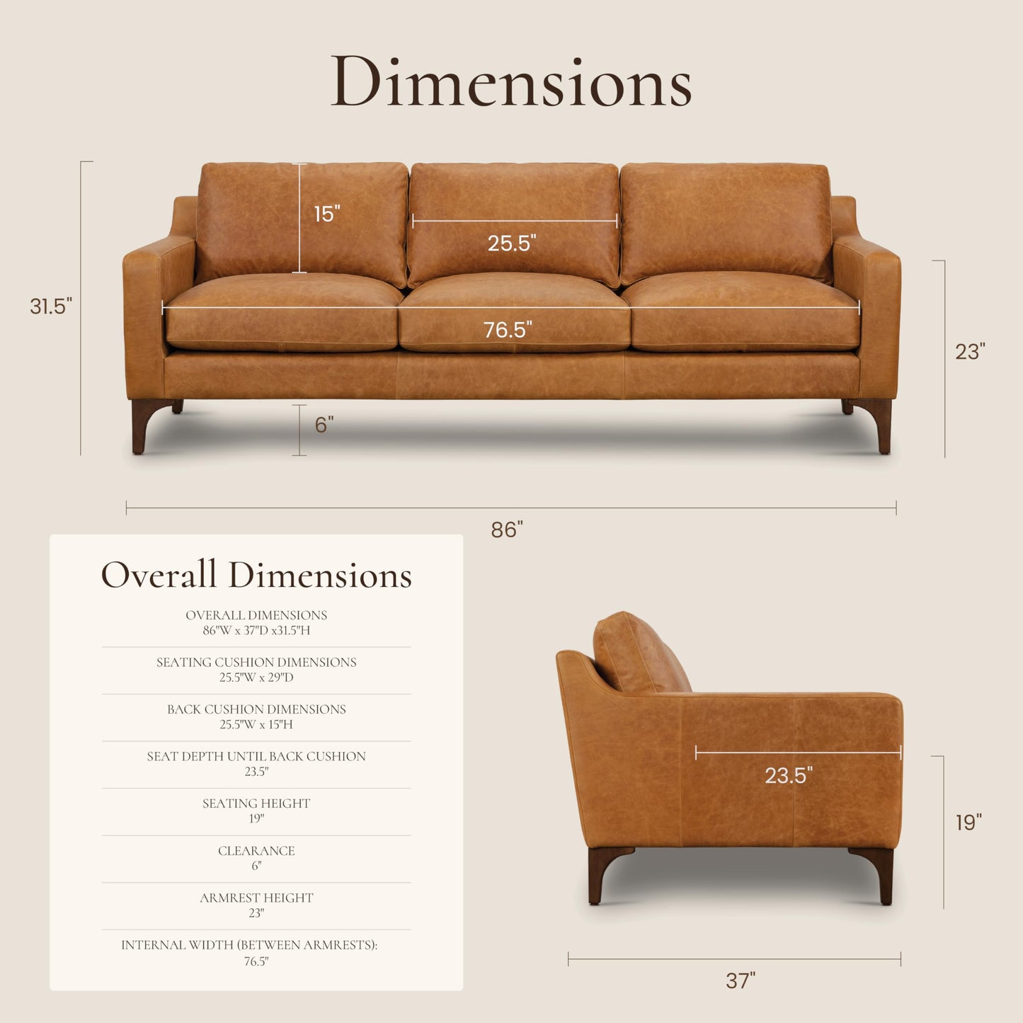 POLY & BARK Sorrento 86" Sofa – Cognac Tan Full-Grain Pure-Aniline Italian Leather, Feather-Down Cushions, Solid Wood Frame & Walnut Legs