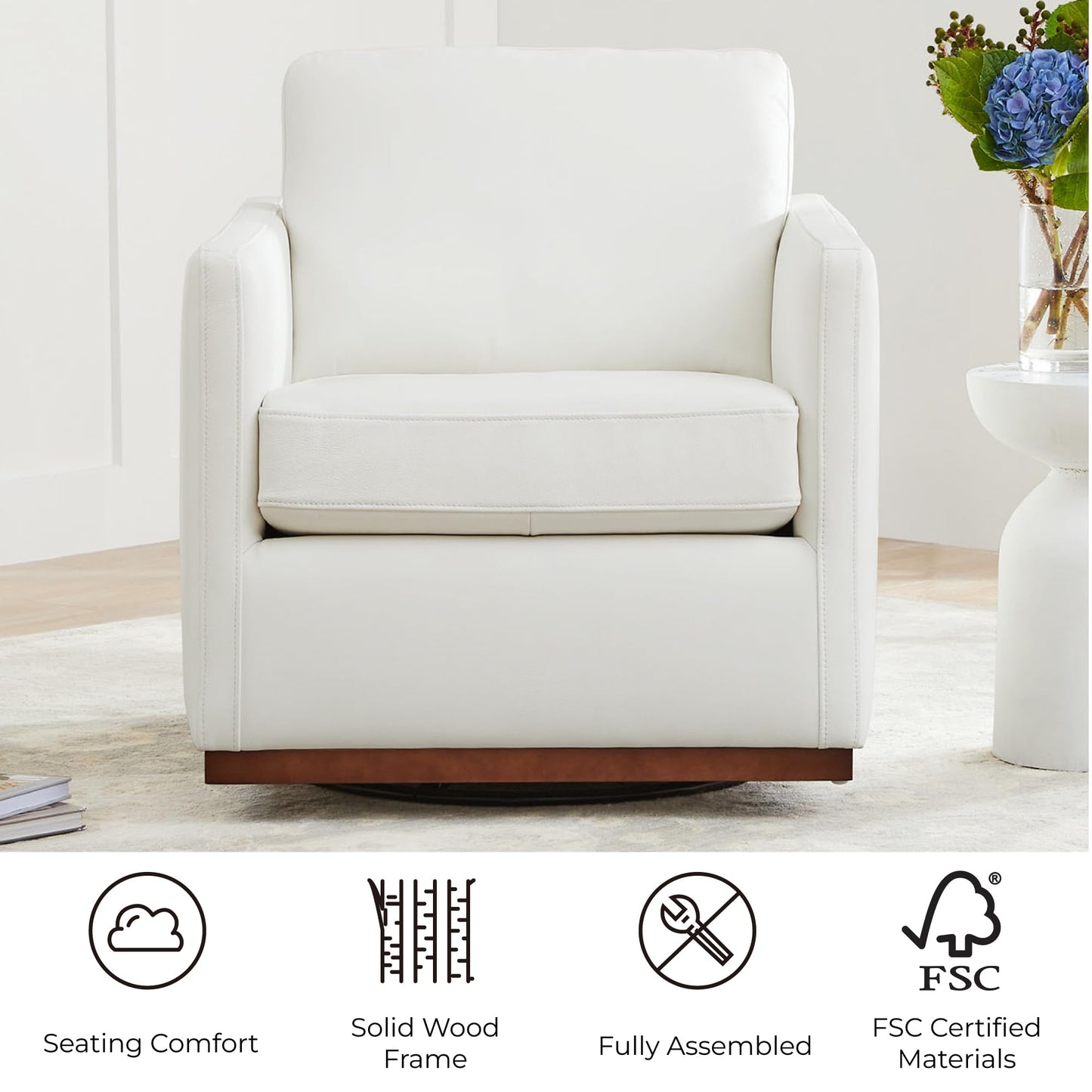 CHITA Genuine Leather Swivel Accent Chair, FSC Certified Mid Century Modern Arm Chair for Living Room and Bedroom, Fully Assembled, Saddle