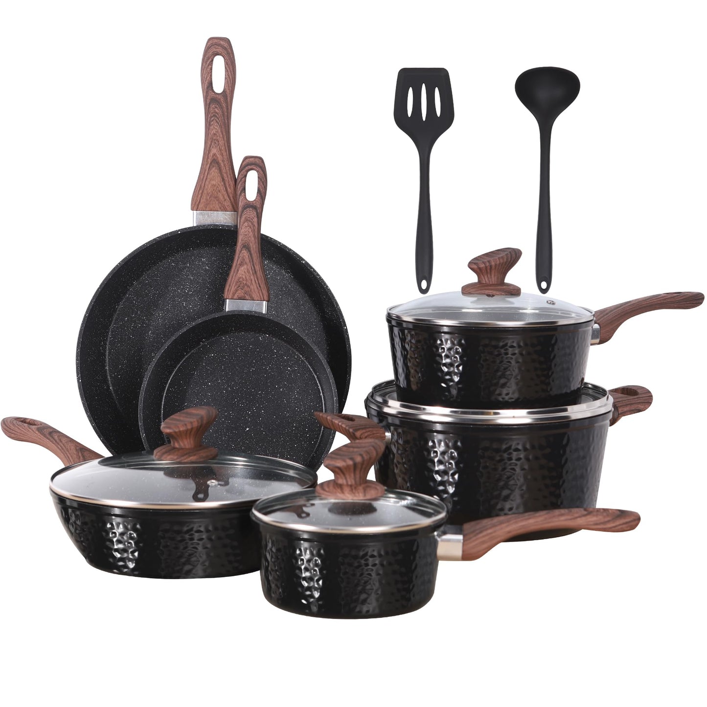Kitchen Academy Induction Cookware Sets - 12 Piece Pots and Pans Set Non Stick, Black Granite Nonstick Cooking Pan Set(PFOS, PFOA Free)