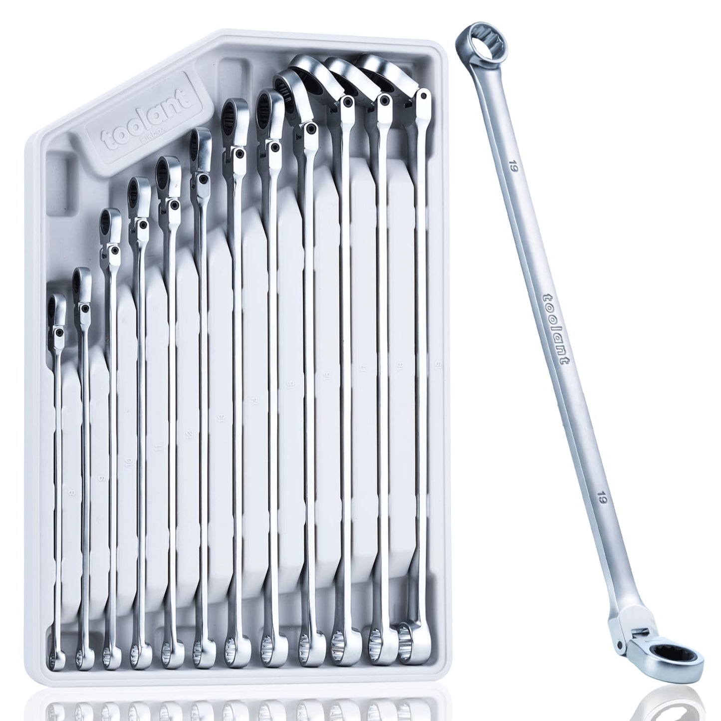 toolant 10mm Extra Long Ratcheting Wrench, Flex Head & Fixed Offset Head Double Box End Combination Wrench, CR-V Steel