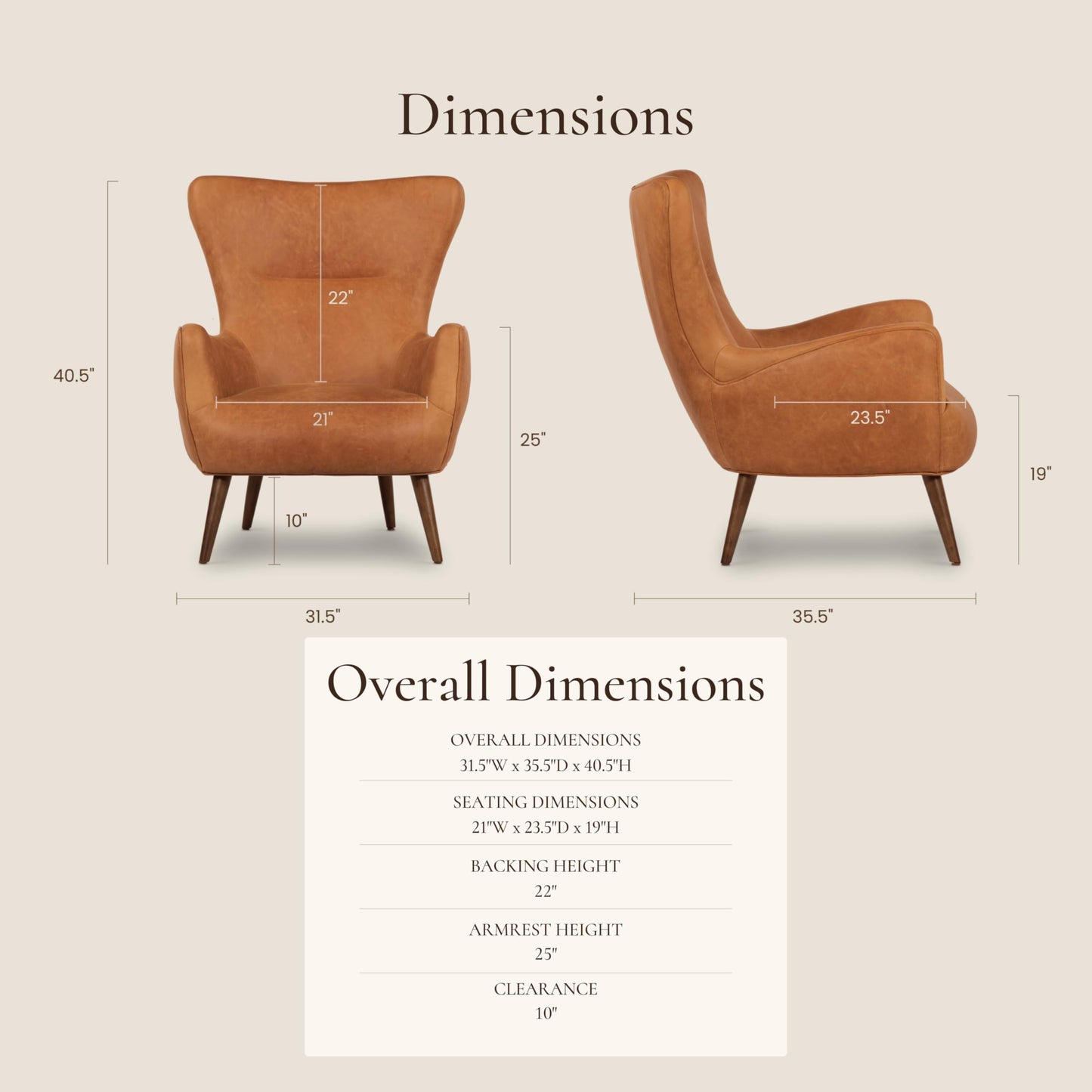 Poly & BARK Rowan Lounge Chairs Set of 2 – Mid Century Modern Leather Armchairs with Ribbed Seat and Solid Ash Wood Frame, Cognac Tan