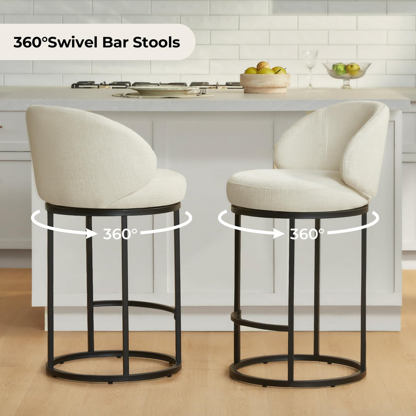 CHITA Swivel Counter Height Bar Stools Set of 3, Upholstered Bar Chairs with Backrest, Sturdy Metal Base, 26.8" Seat Height for Kitchen Island & Home Bar, Sand