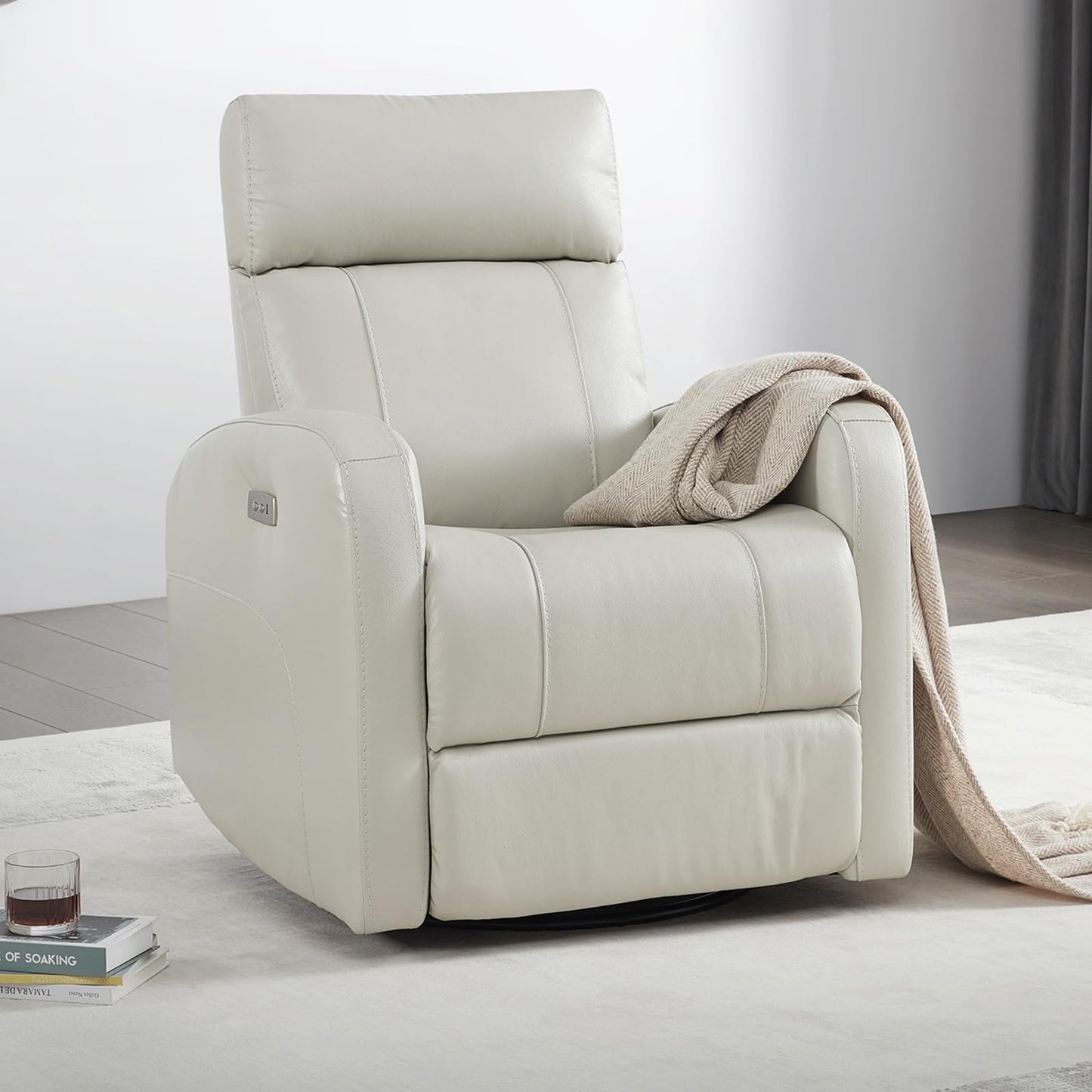 CHITA Genuine Leather Power Recliner Chair for Adults, FSC Certified Electric Nursery Swivel Glider for Living Room, Camel Brown