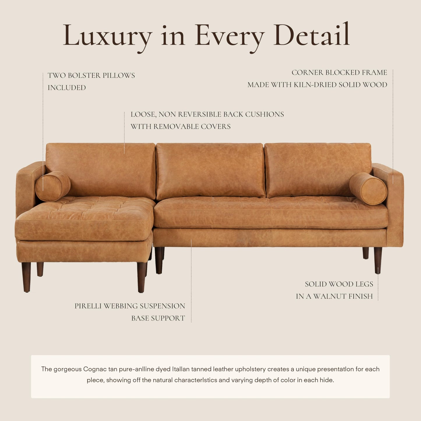 POLY & BARK Napa 82" Leather Pull‑Out Sleeper Sofa – Full‑Grain Italian Leather Upholstery,Tri‑Layer Mattress & Storage Console –Sophisticated Multi‑Functional Sofa Bed for Living Rooms & Guest Spaces