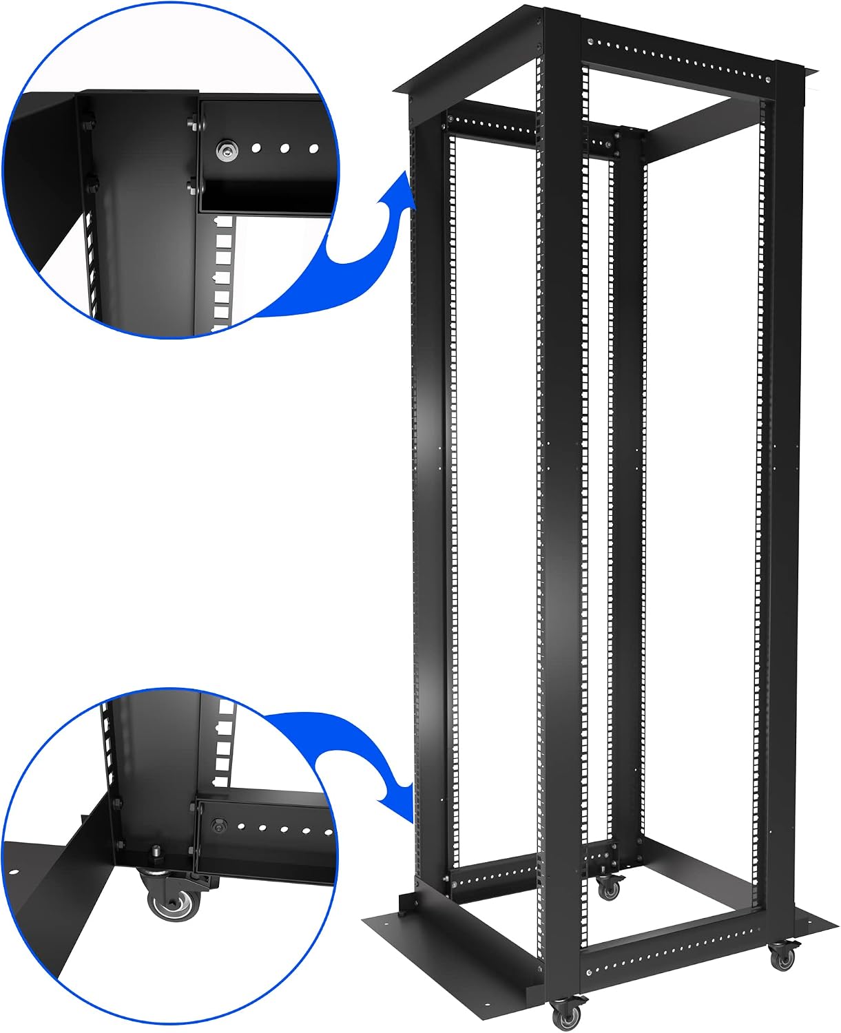 Sysracks 42U Open Frame Rack, Adjustable 24-37", 19-Inch EIA-310 | 4-post steel frame, square mounting holes, casters, cage nuts and screws