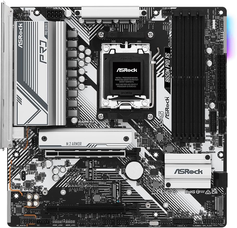 Asrock B650M Pro RS AMD Socket AM5 Ryzen 7000/8000/9000 Series DDR5 7200+ (OC) MHz 256GB M.2 Key E for WiFi SATA3 6.0 Gb/s Micro ATX Motherboard 2.5G LAN BIOS Flashback