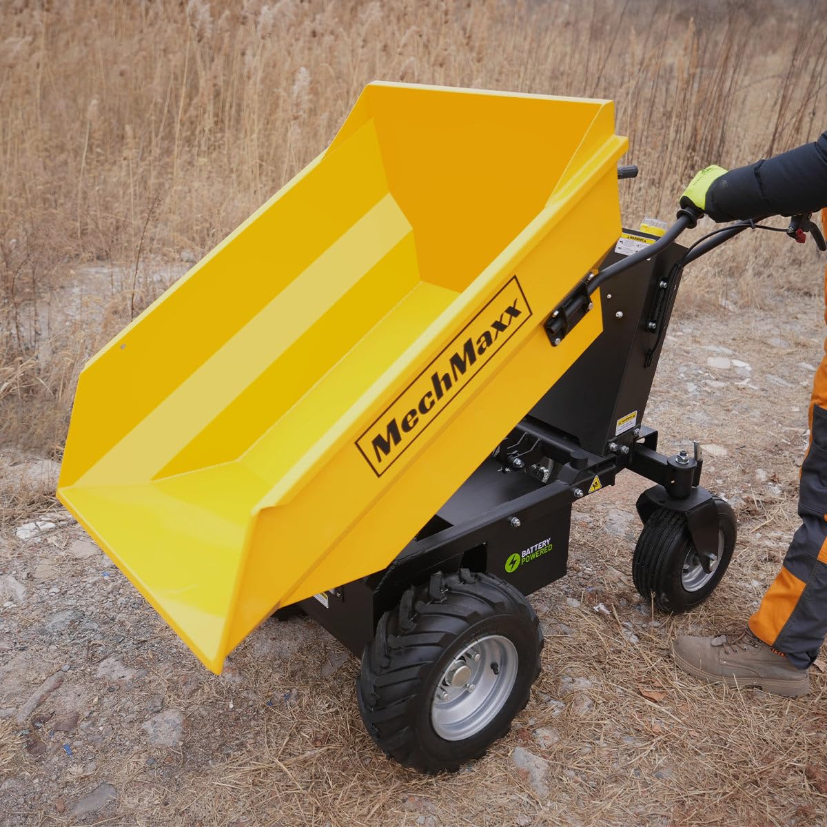 MechMaxx 1100Lb Loading 48V Battery Powered Wheel Barrow Electric Dumper Cart with 30W Light, Hydraulic Tipping, 1000W Brushless DC Motor, LED Display Screen, Model EH50 Yellow