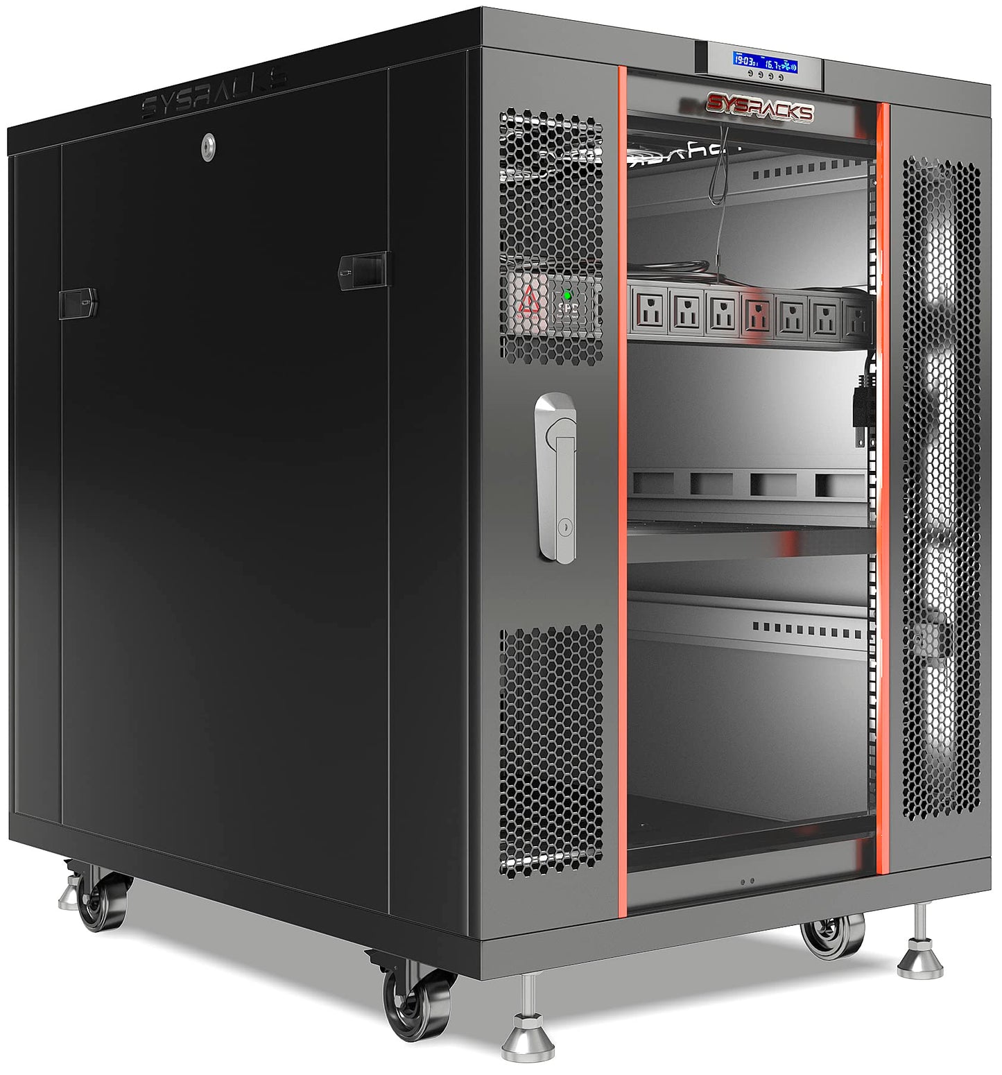 Sysracks 27U Server Rack Cabinet, 39" Deep, Glass Door, 19-Inch | Cooling fans, PDU, shelf, casters, leveling feet, cable entry brushes