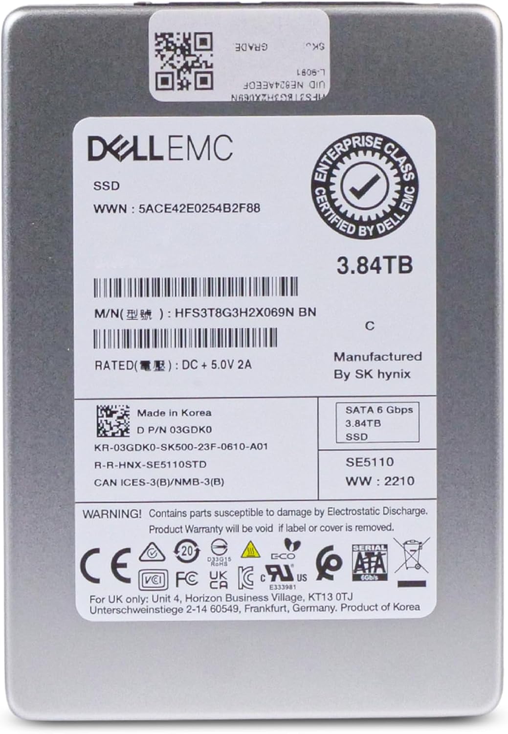 Dell/SK Hynix SE5110 HFS3T8G3H2X069N 3.84TB 1 DWPD SATA 6Gb/s 3D TLC 2.5in Read Intensive Enterprise Solid State Drive 03GDK0 (Renewed)