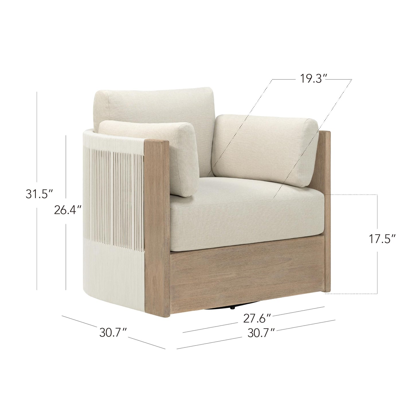 CHITA 3 Pieces Boho Patio Rattan Bistro Set, Outdoor Wicker Furniture Swivel Chairs & Side Table Set with 2 Arm Pillows, Acacia Wood Frame, Fully Assembled(Cream)