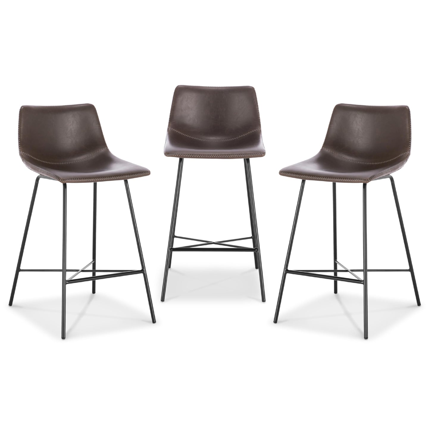 POLY & BARK Paxton Leather Counter Stools 24 Inches – Set of 2 - Counter Height Bar Stools with Back – Modern Barstools for Kitchen Island or Counters – Faux Leather & Matte Black Steel Base – Tan