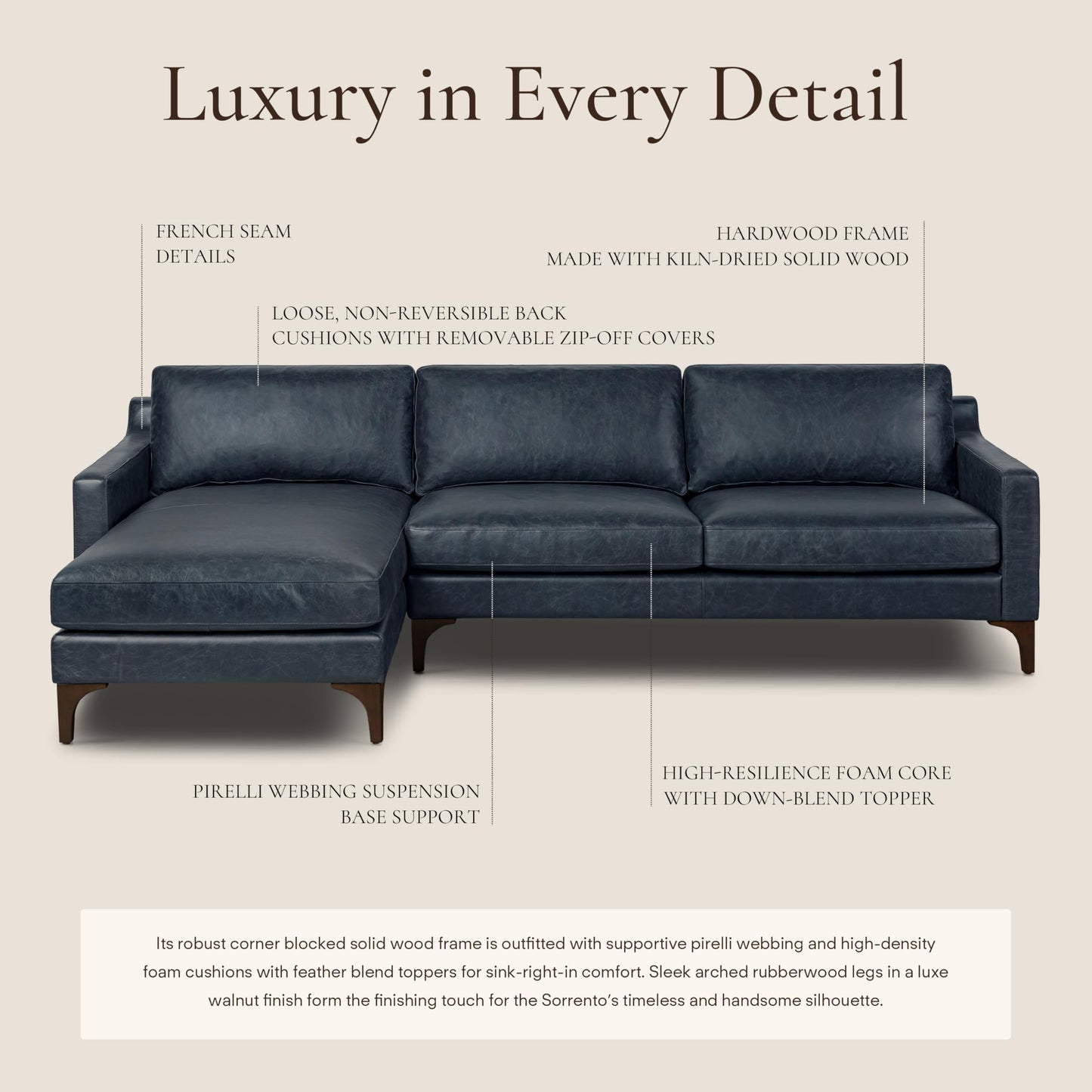 Poly & BARK Harper Left-Facing Leather Sleeper Sectional Sofa Cognac Tan– Full-Grain Aniline Leather, Sculptural Silhouette, Walnut-Finished Legs – Modern Statement Sofa for Living Spaces