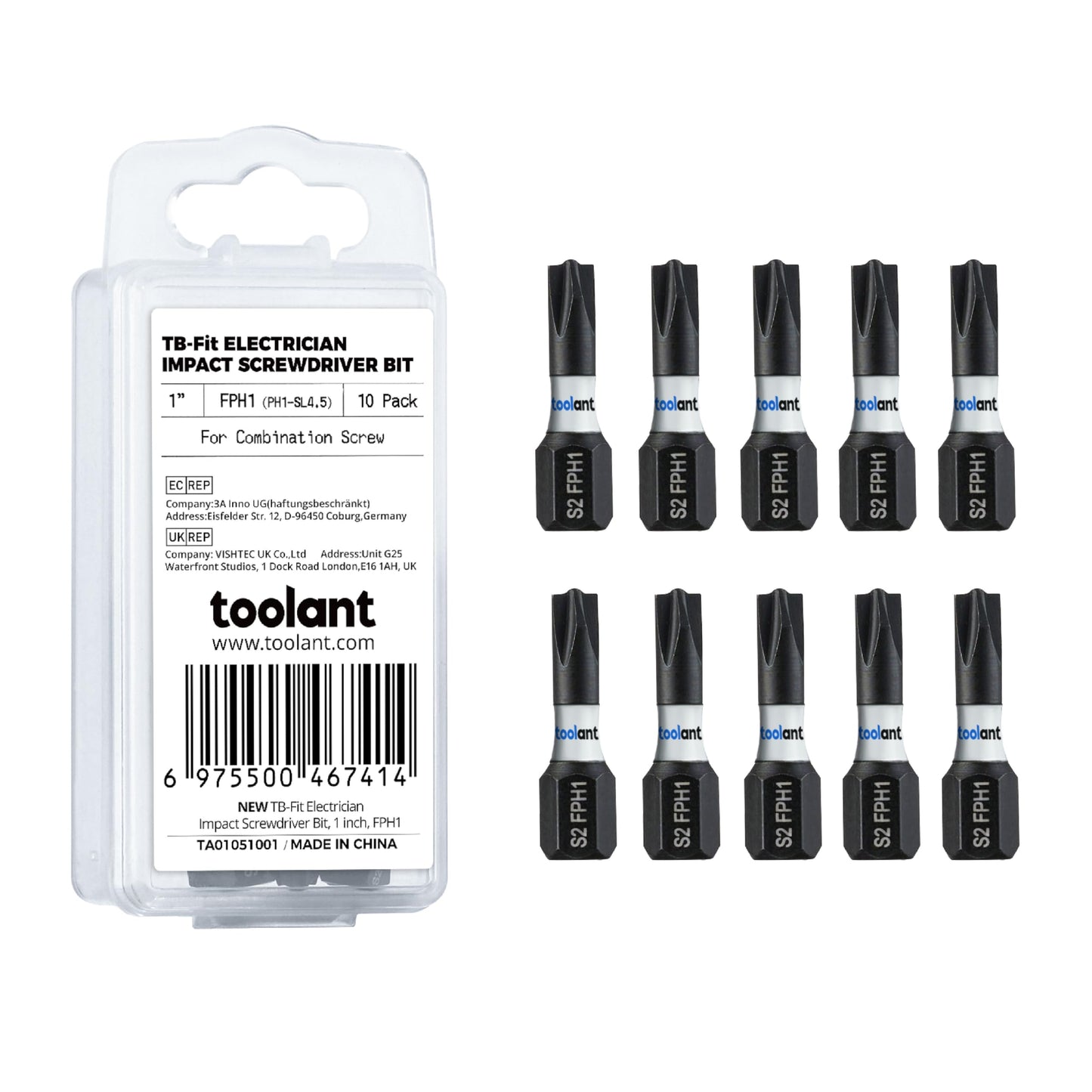toolant 7pcs TB-Fit Electrician Impact Screwdriver Bit Set, FPH1（PH1-SL4.5）FPH2（PH2-SL6）Screwdriver Bit Set, 1/4” Hex-Shank S2 Steel, CNC Machined Tips with Magnetism,