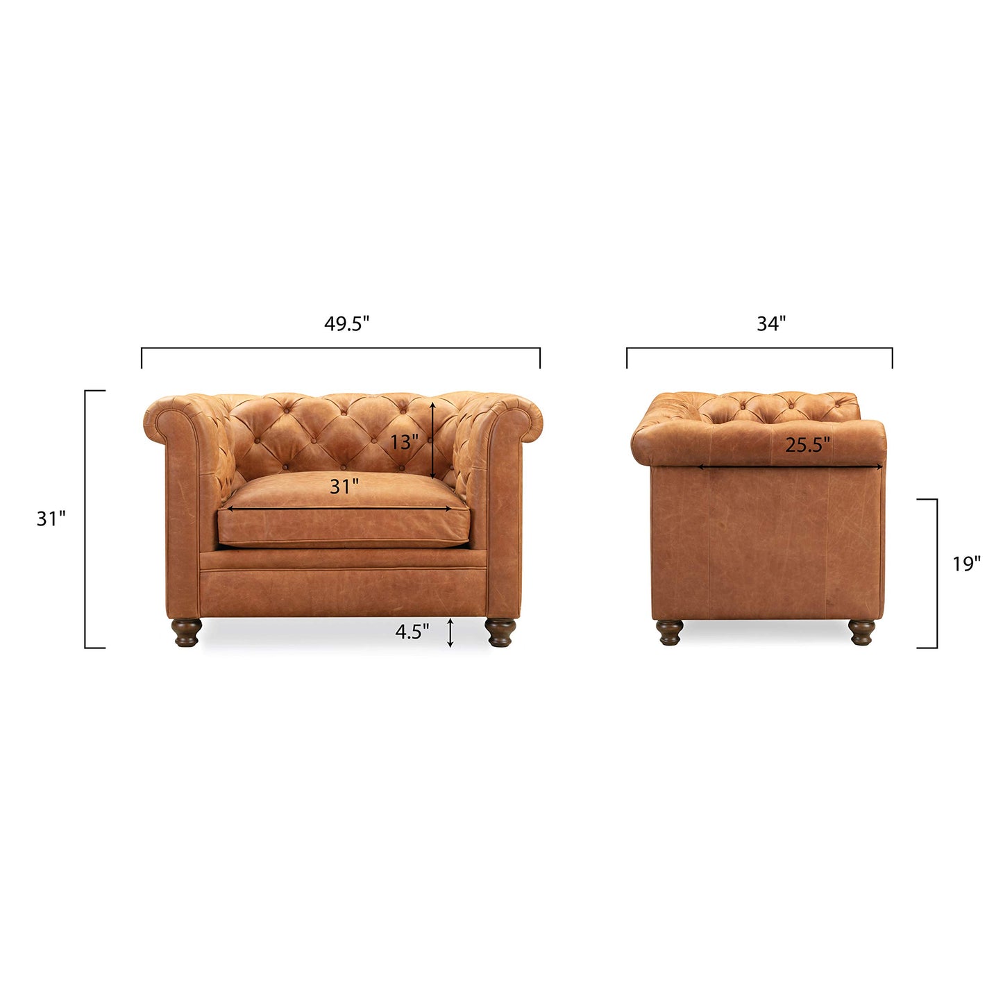 Poly & BARK Rowan Lounge Chairs Set of 2 – Mid Century Modern Leather Armchairs with Ribbed Seat and Solid Ash Wood Frame, Cognac Tan