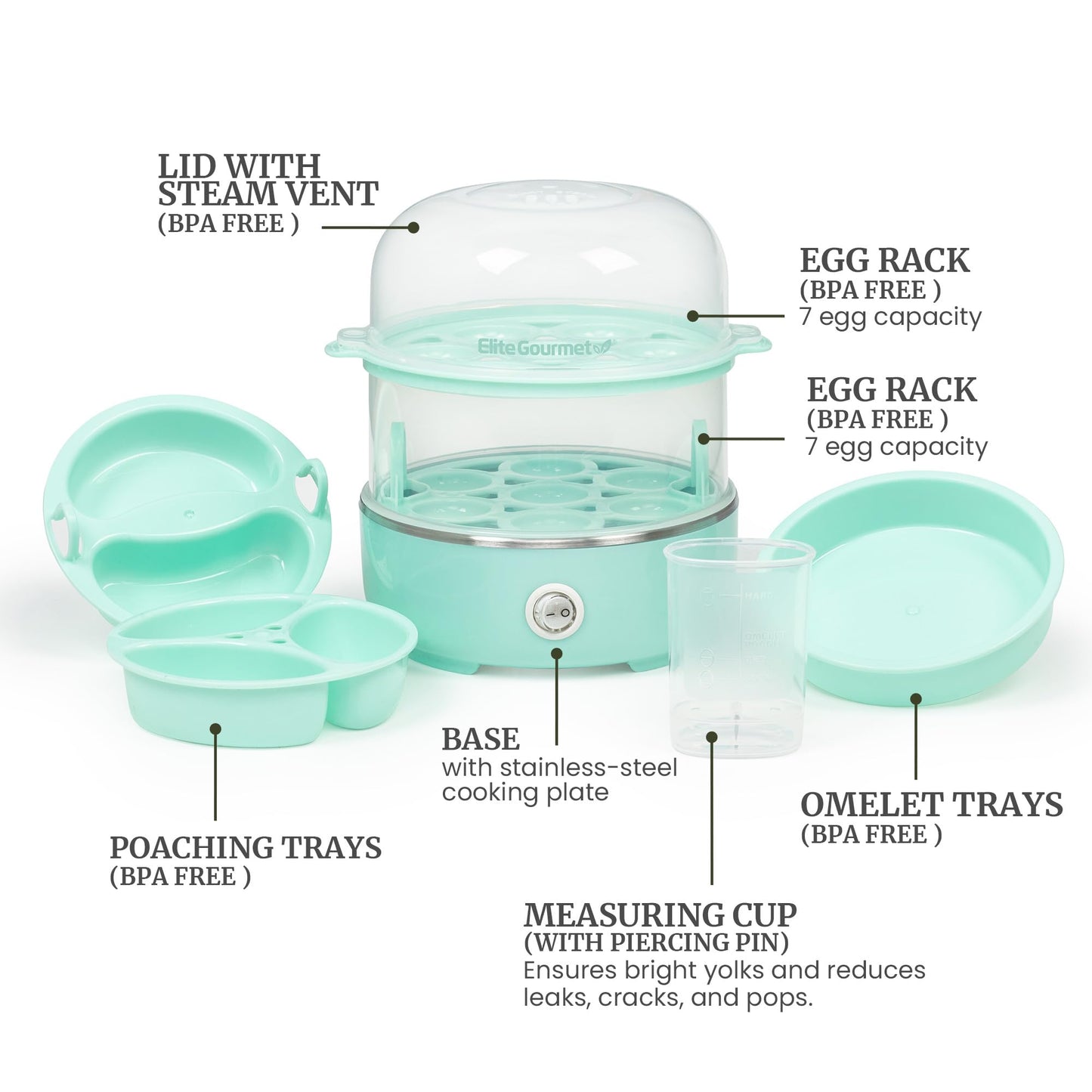 Elite Gourmet EGC115B Easy Egg Cooker Electric 7-Egg Capacity, Soft, Medium, Hard-Boiled Egg Cooker with Auto Shut-Off, Measuring Cup Included, BPA Free, Classic Black