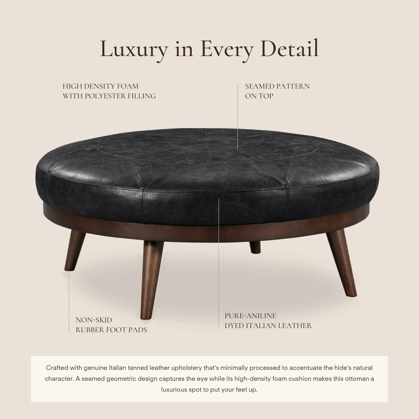 POLY & BARK Denver Ottoman – 43" Large Pouf with Feather-Down Topper – Full-Grain Leather Upholstered Pouf Ottoman for Living Room – Vintage Italian Leather in Cognac Tan