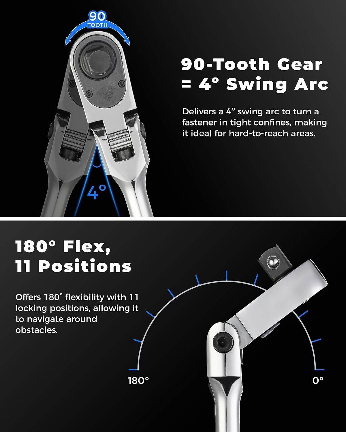 toolant 3/8" Drive Flex Head Ratchet Wrenches, 90 Tooth Compact Flex Head Socket Ratchet Wrench, 12 Inch Length