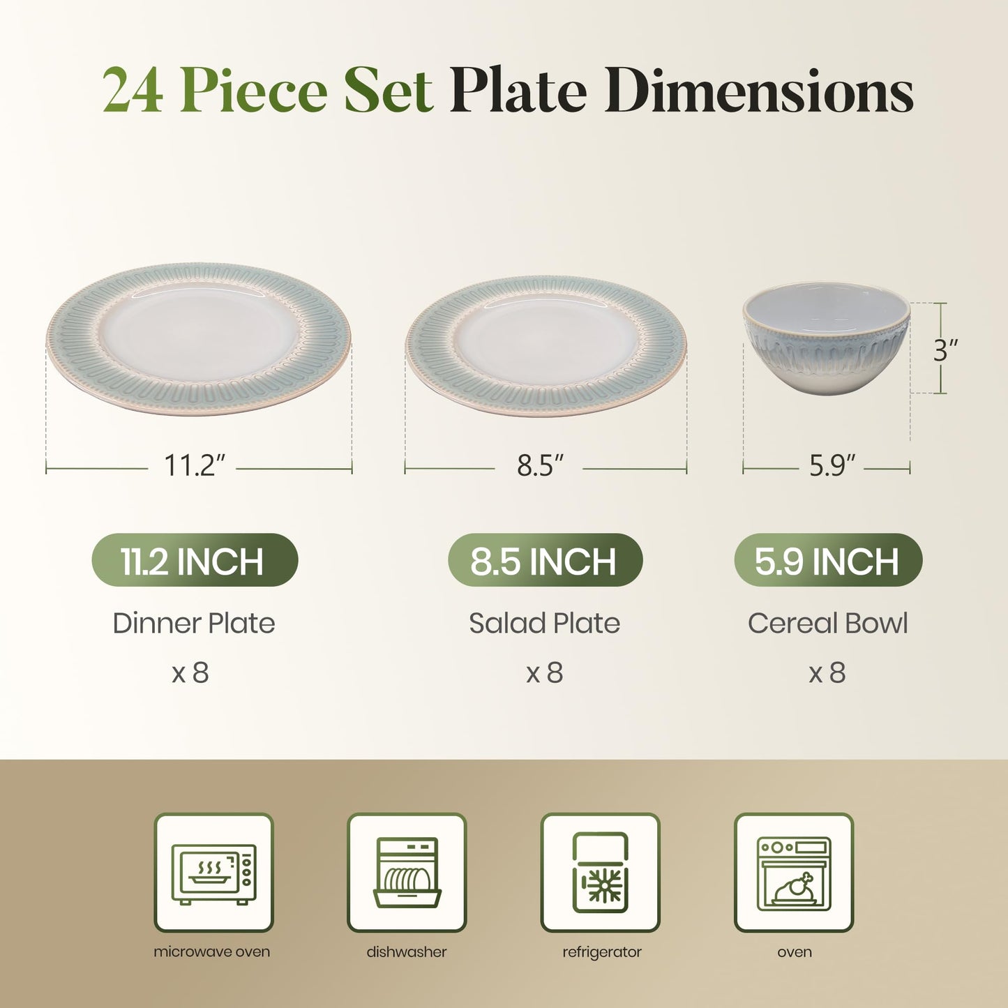 Kitchen Academy Stoneware Dinnerware Sets for 8, Embossed Ceramic Plates and Bowls Set, Beige Dishes